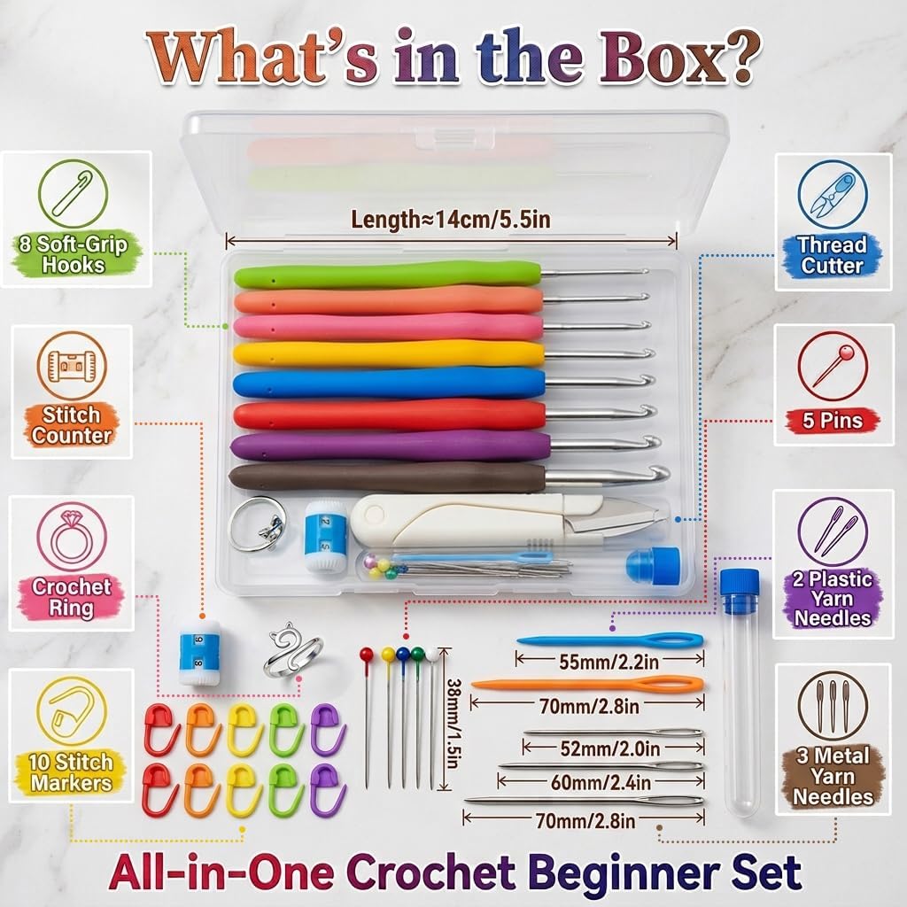 SeventhGirl Crochet Hooks, 2mm-6mm Crochet Hook Set with Soft Silicone Grip