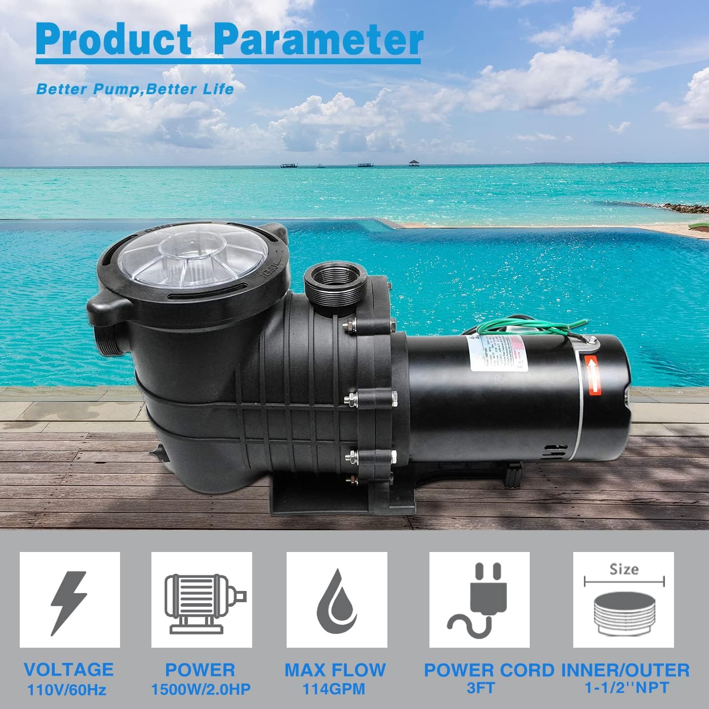 2.0HP 110GPM Swimming Pool Pump 110V Garden InGround and Above Ground Pool Water Pump with Strainer Filter Basket