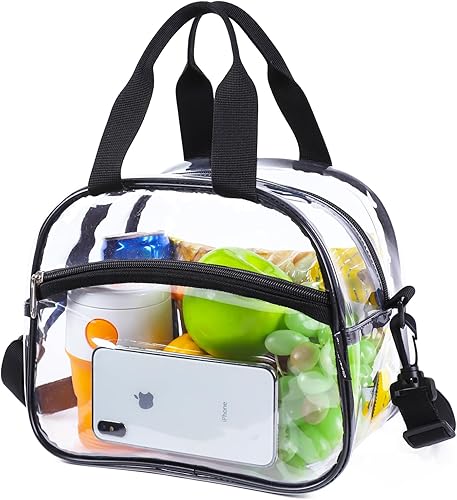 Clearworld Lonchera transparente aprobada para estadios, lonchera transparente con correa ajustable y bolsillo frontal con cremallera, bolsa