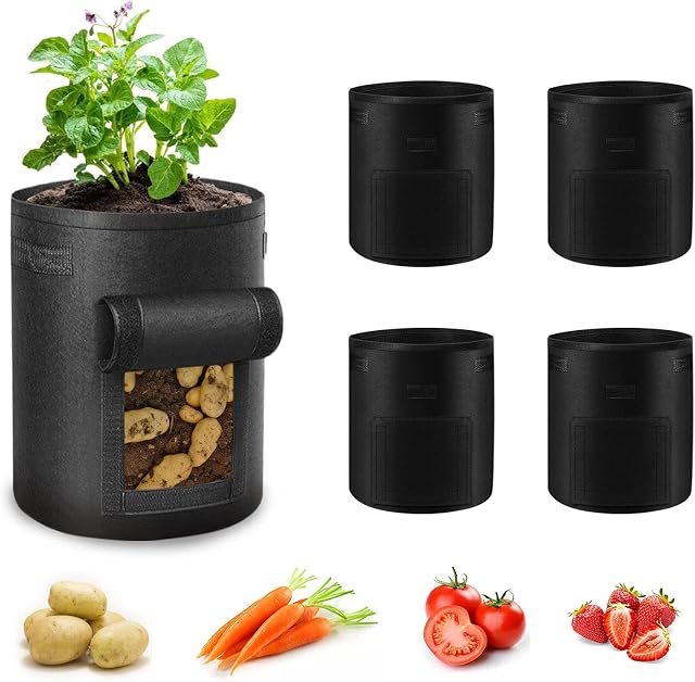 Potato Grow Bags 10 Gallon 5 Pack, Garden Vegetable Planting Bags with Handles and Window Flap, Breathable Felt Nonwoven Fabric Vegetable Growing Containers for Potato Tomato Carrot Onion(Black)