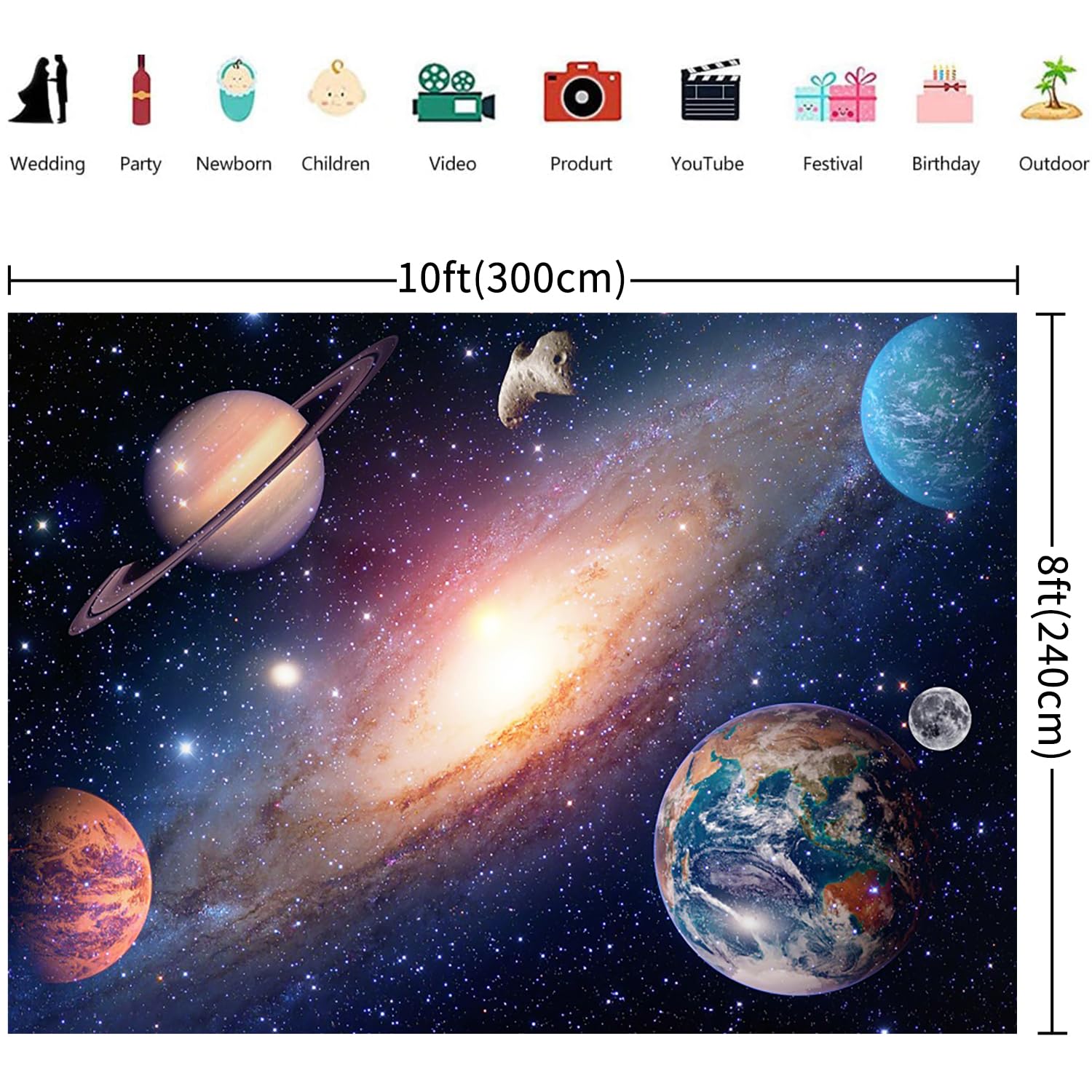 3x2.4m Toile de Fond Espace Univers Espace Extérieur Galaxie étoilée Nébuleuse Fond Photographique Enfants Garçons Filles Thème Planète Fête d'anniversaire Décorations Photo Booth Props