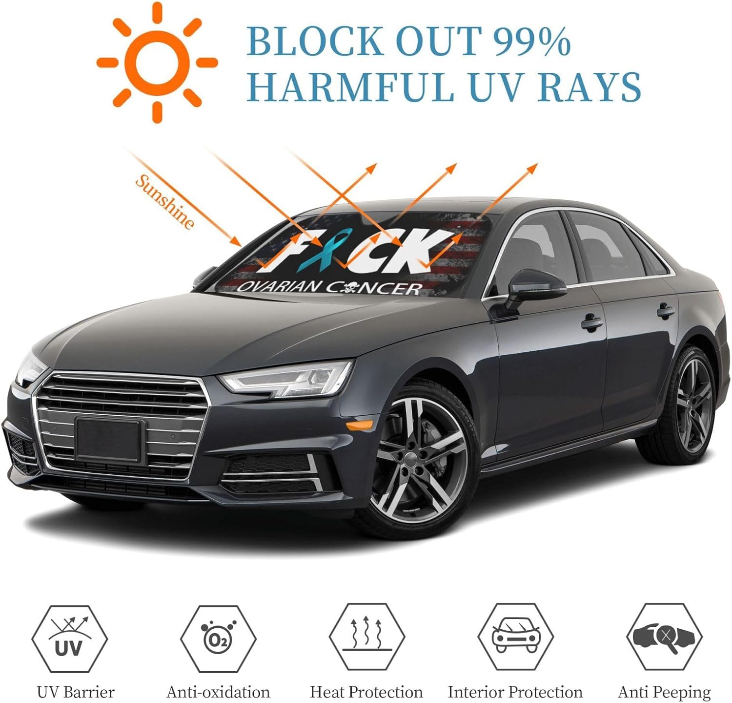 Ovarian Cancer Warrior Aweareness Ribbon Foldable Car Windshield Sunshade Blocks Heat and Sun Glare Uv Rays