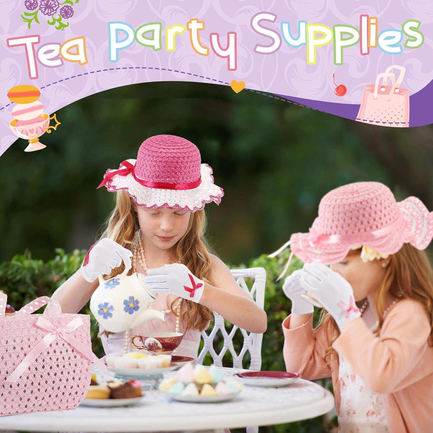 Zhanmai 6 Pcs Girls Tea Party Hats Accessories Set Kids Tea Party Bonnets Hats and Gloves Purses for Girls Dress up Favors - Image 4