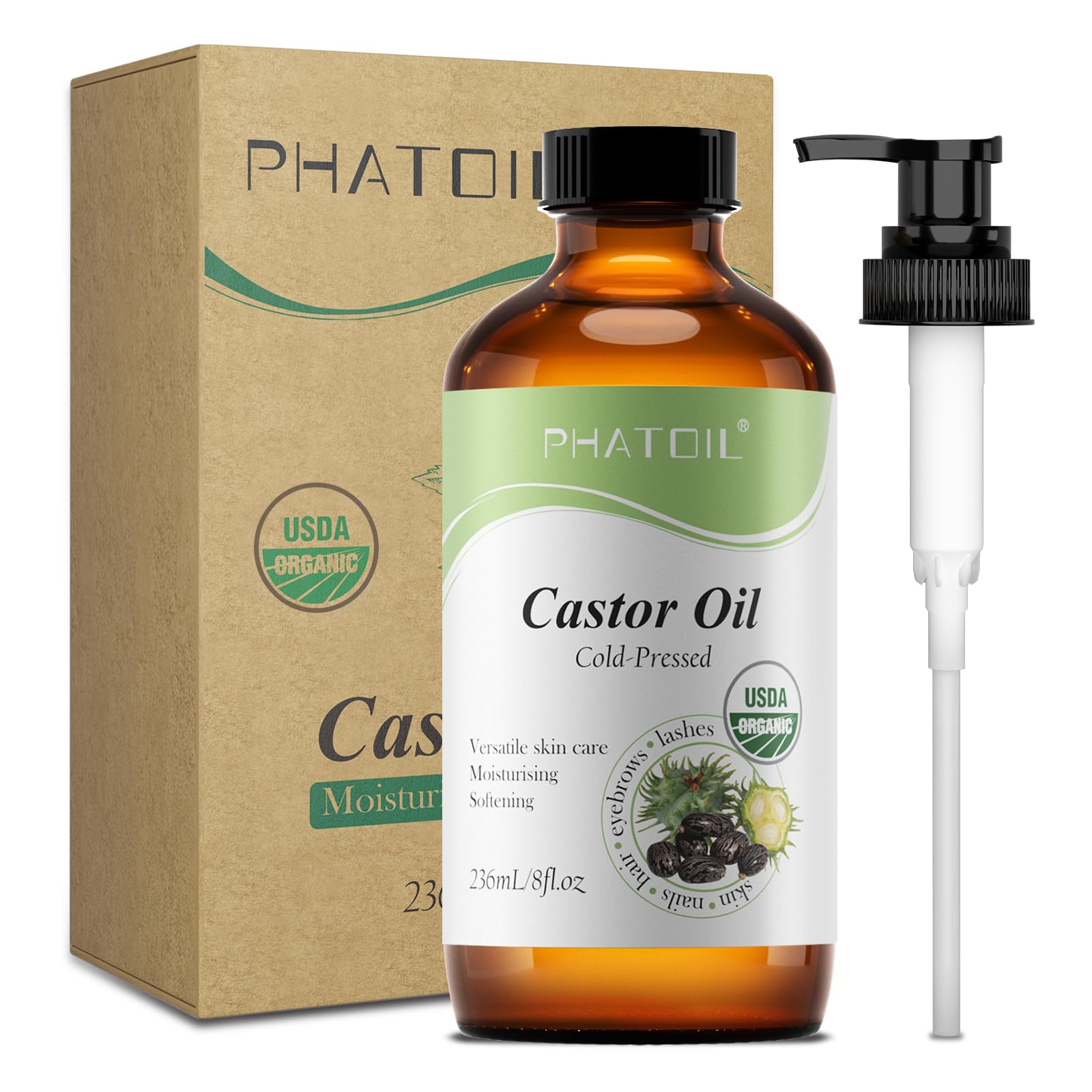 PHATOIL Rizinusöl Bio Kaltgepresst 236ML, Organic Castor Oil 100% Rein Natürlich, Rizinus Öl für Haaröl, Körperöl, Wimpern, Augenbrauen, Nägel, Bart, Rizinusöl Packung für Leberentgiftung