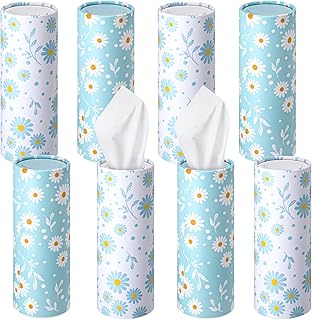 8 Packs Cylinder Car Tissues Boxes Printed Daisy Blue White Car Tissue Holder with Facial Tissue Bulk Car Napkins Round Disposable Tissues Boxes Travel Facial Tissues Boxes for Car Cup Holder