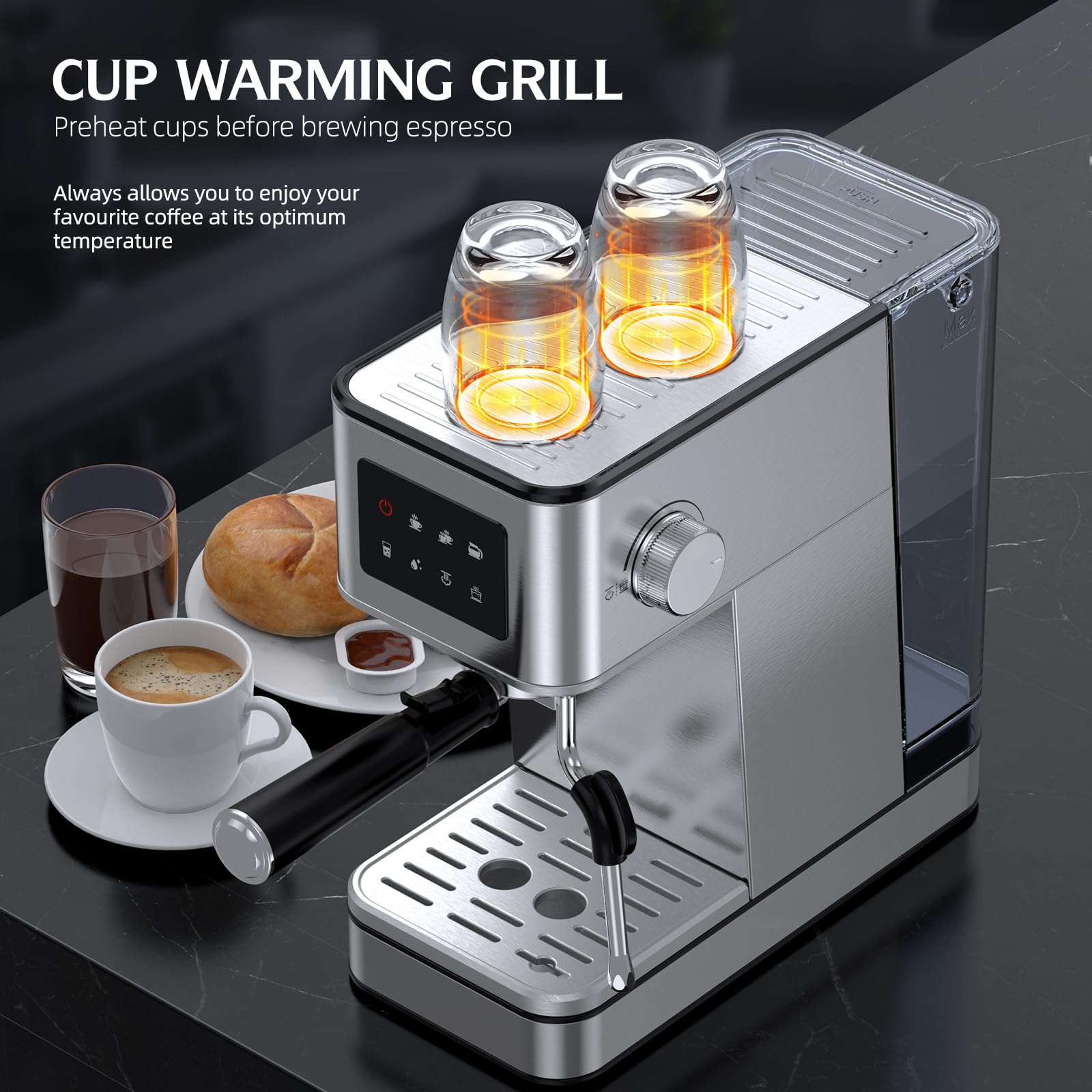 20 Bar Espresso Machine with Milk Frother, Stainless Steel Coffee Maker with Touch Screen & Cold Brew, 45s Fast Heat Small Cappuccino & Latte Machine with 57.5oz Removable Water Tank for Home, Silver — view 6