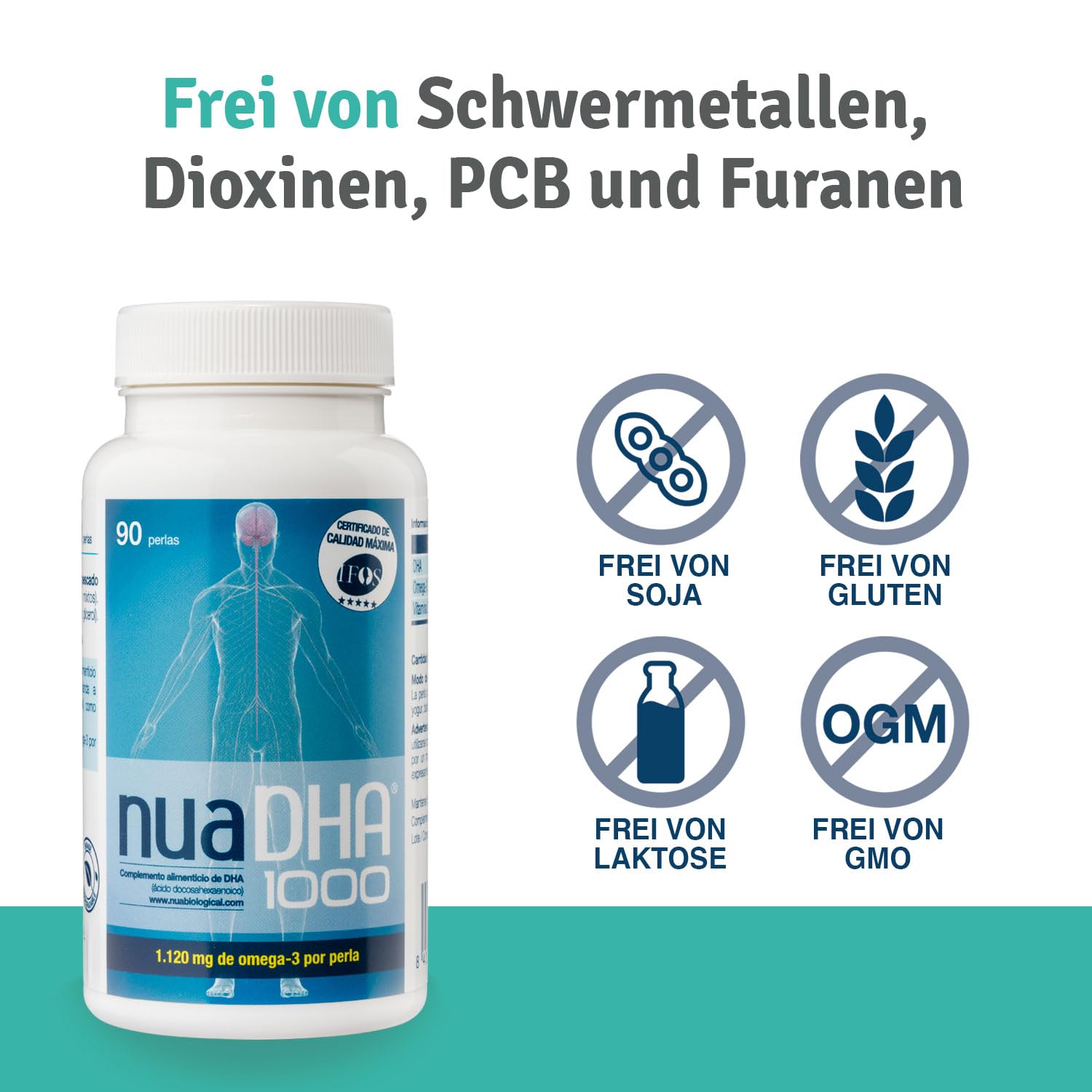Nua Biological - NuaDHA 1000 in Kapseln, Nahrungsergänzungsmittel auf Basis von DHA (Docosahexaensäure) - Omega-3 aus Blauem Meeresfisch - 90 Kapseln in Triglycerid-Form (1000 mg DHA/Kapsel)