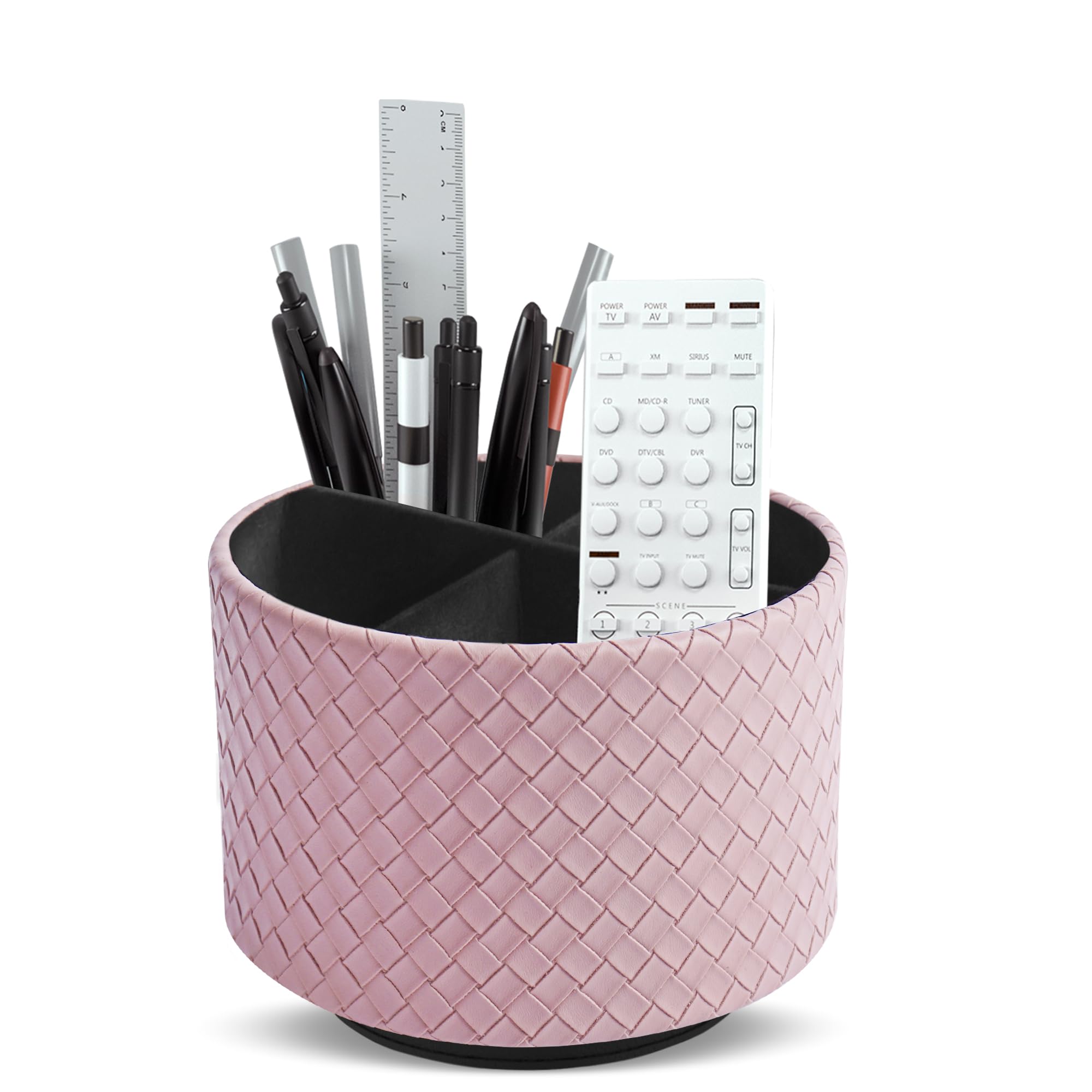 Mtzmy Round Leather Art Supply Organizer,Remote Control Holder,360 Degree Spinning,Multi-Functional Pencil Holder,4 Compartments Desktop Stationary Organizer(1-Woven Purple) — image 1