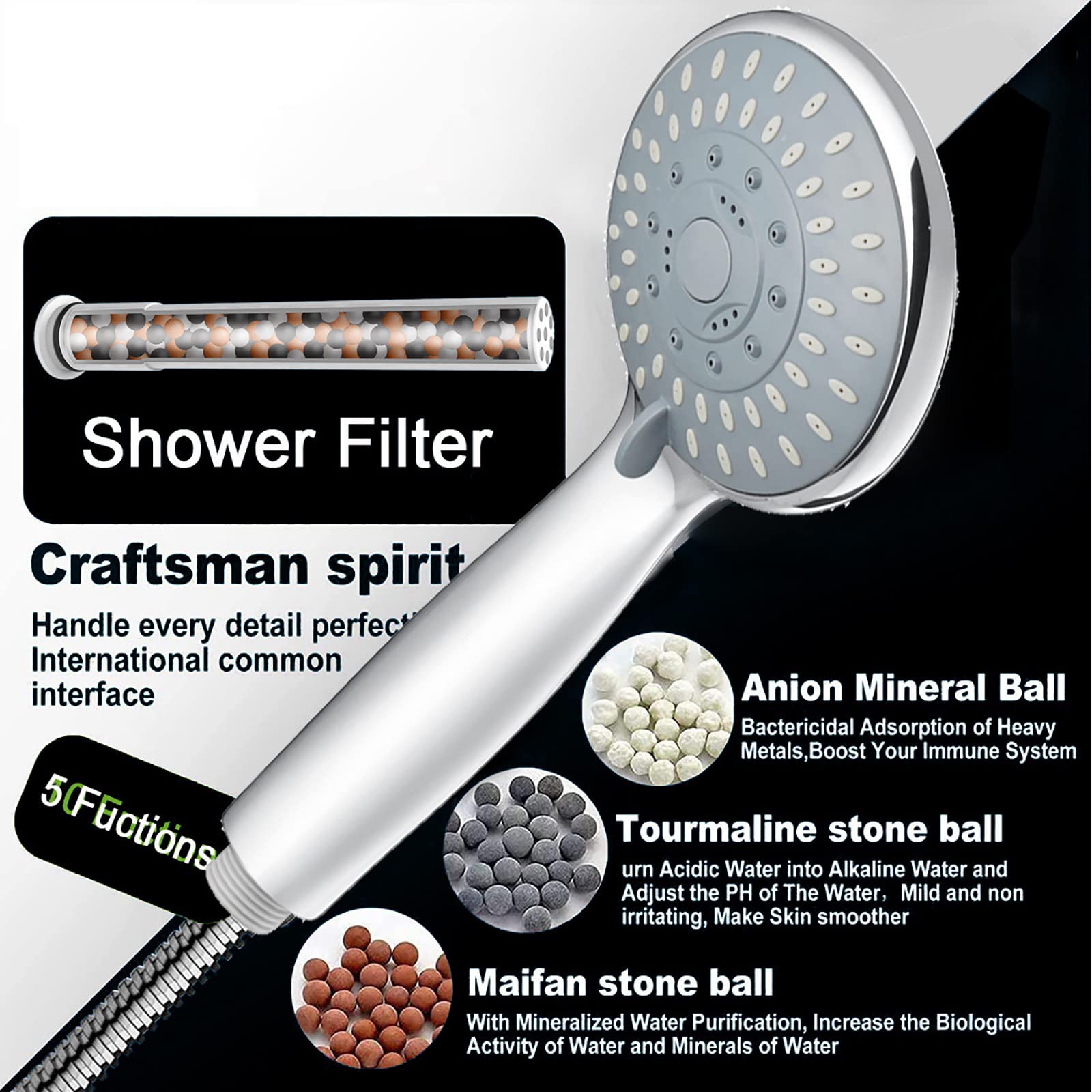 Filtración Alcachofa Ducha, 5 Modos Alta Presión ABS Antical Alcachofa de Ducha de Mano con Manguera, Soporte, Fácil de Instalar, Cromado G1/2 Ajuste Universal Duchas de Baño Alcachofa