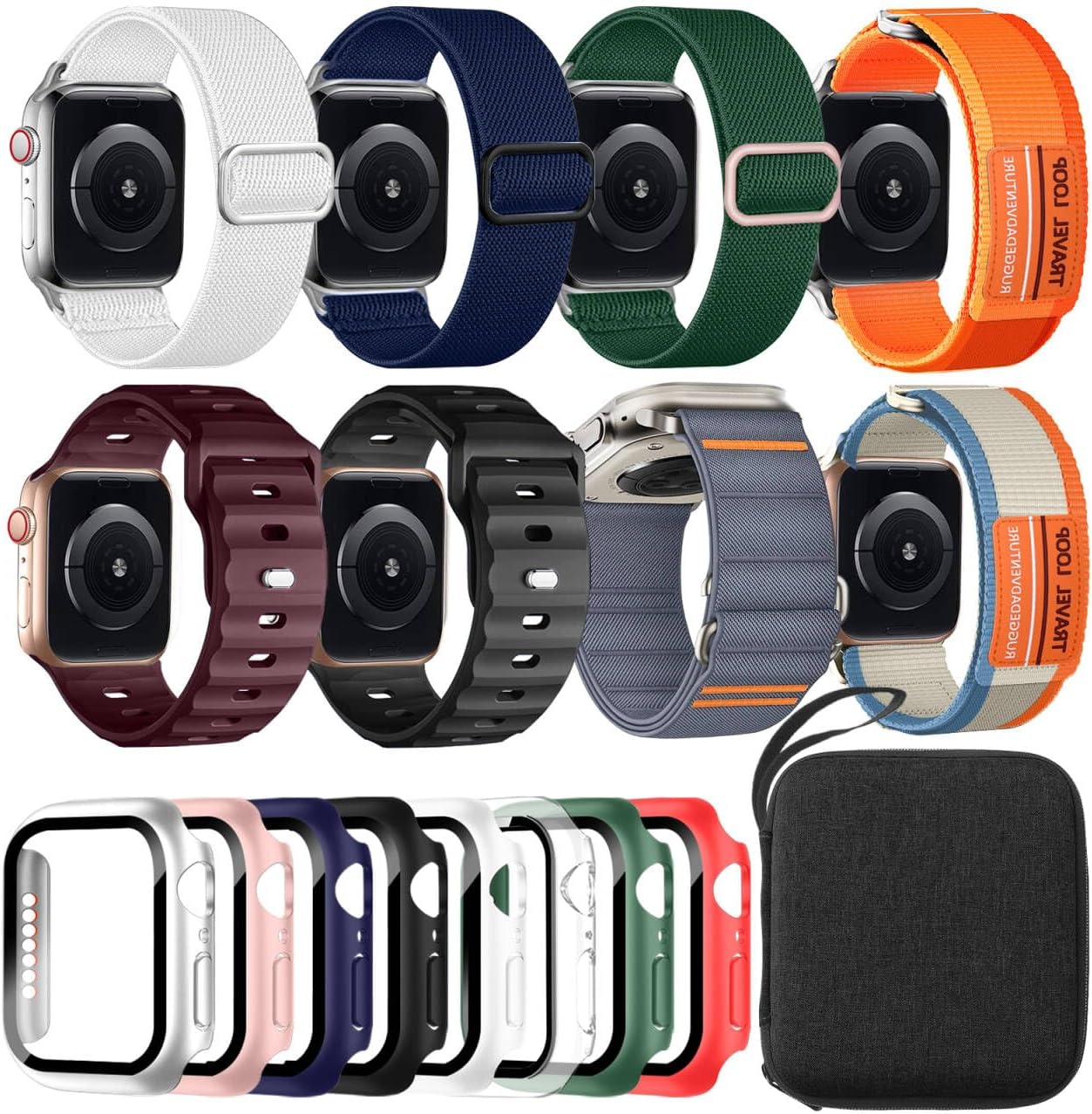 8 Pack Sport Bands Compatible for Apple Watch Ultra 3/2/1 49mm, Series 11/10 46mm, 9/8/7 45mm, SE3/SE2/SE/6/5/4 44mm (with Screen Protector Case)