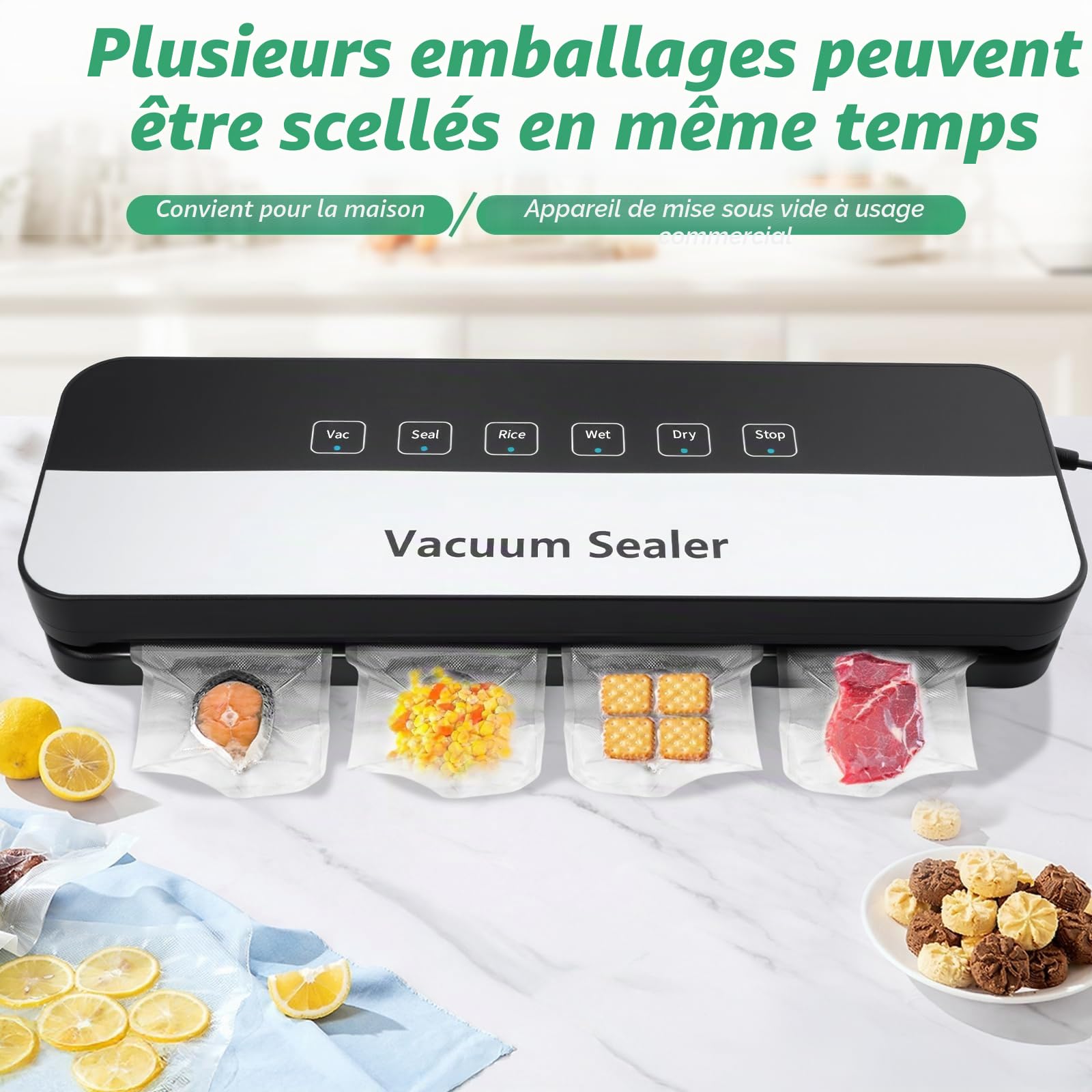 Machine à emballer sous vide | 6 en 1 pour aliments, mode sec/humide, appareil de scellage alimentaire avec sac sous vide