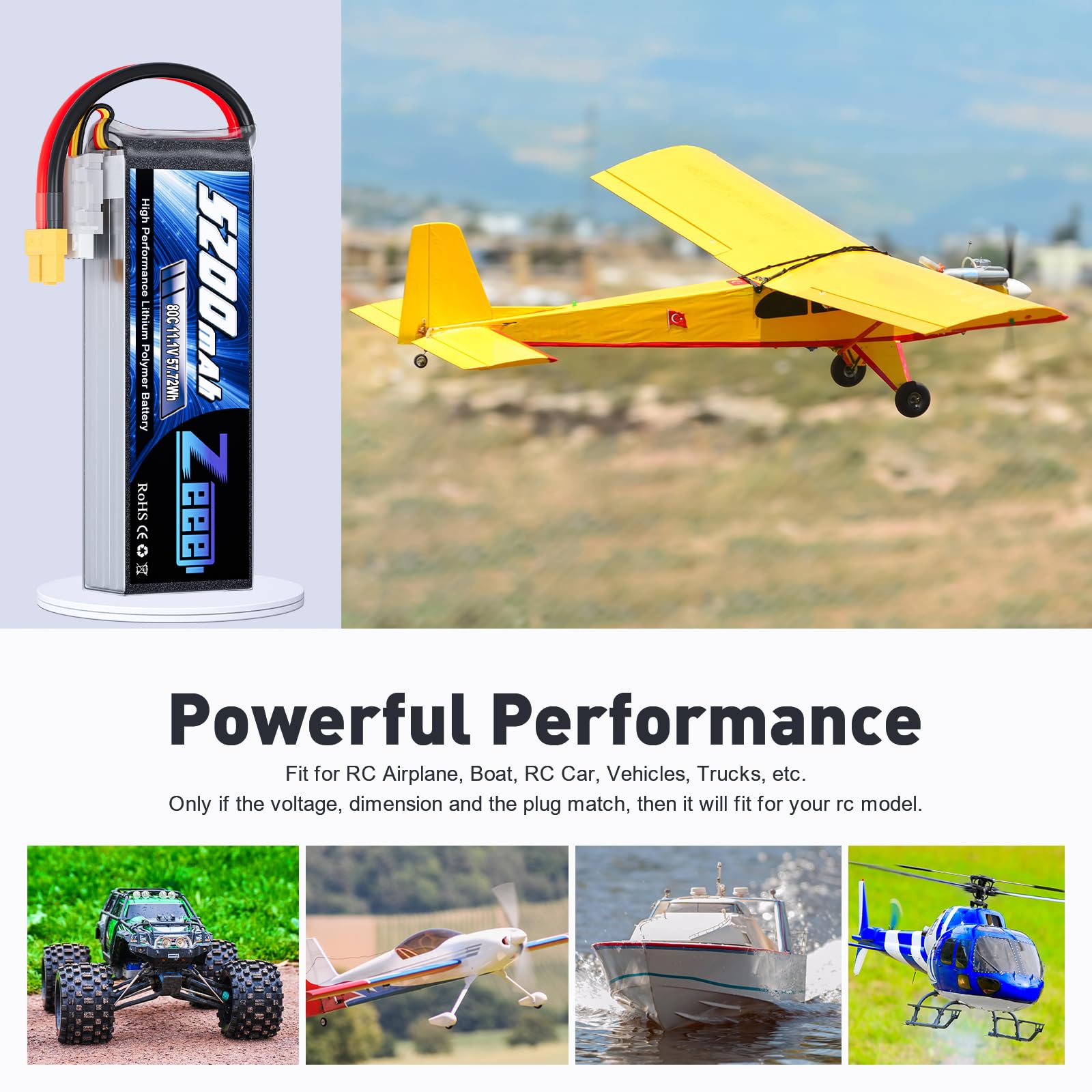 Zeee 3S LiPo 5200mAh 11.1V 80C RC Batería con Conector XT60 para RC Coche, RC Avión, RC Helicóptero, RC Hobby