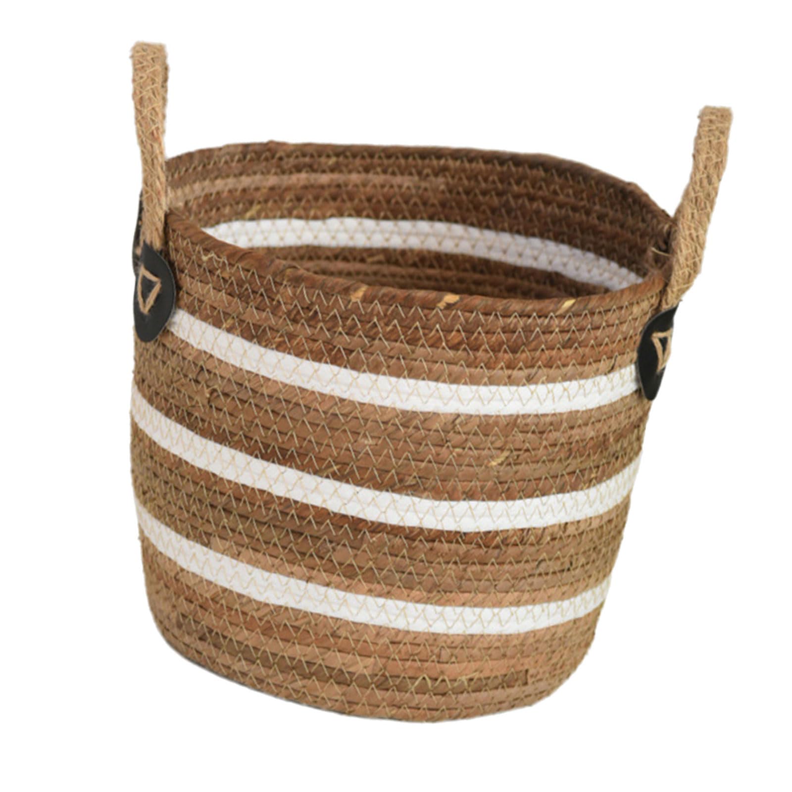 Msioytog White Striped Trumpe Multipurpose Handwoven Storage Basket With Handle Breathable Banana Rope Dirty Clothes Basket Kitchen Accessories