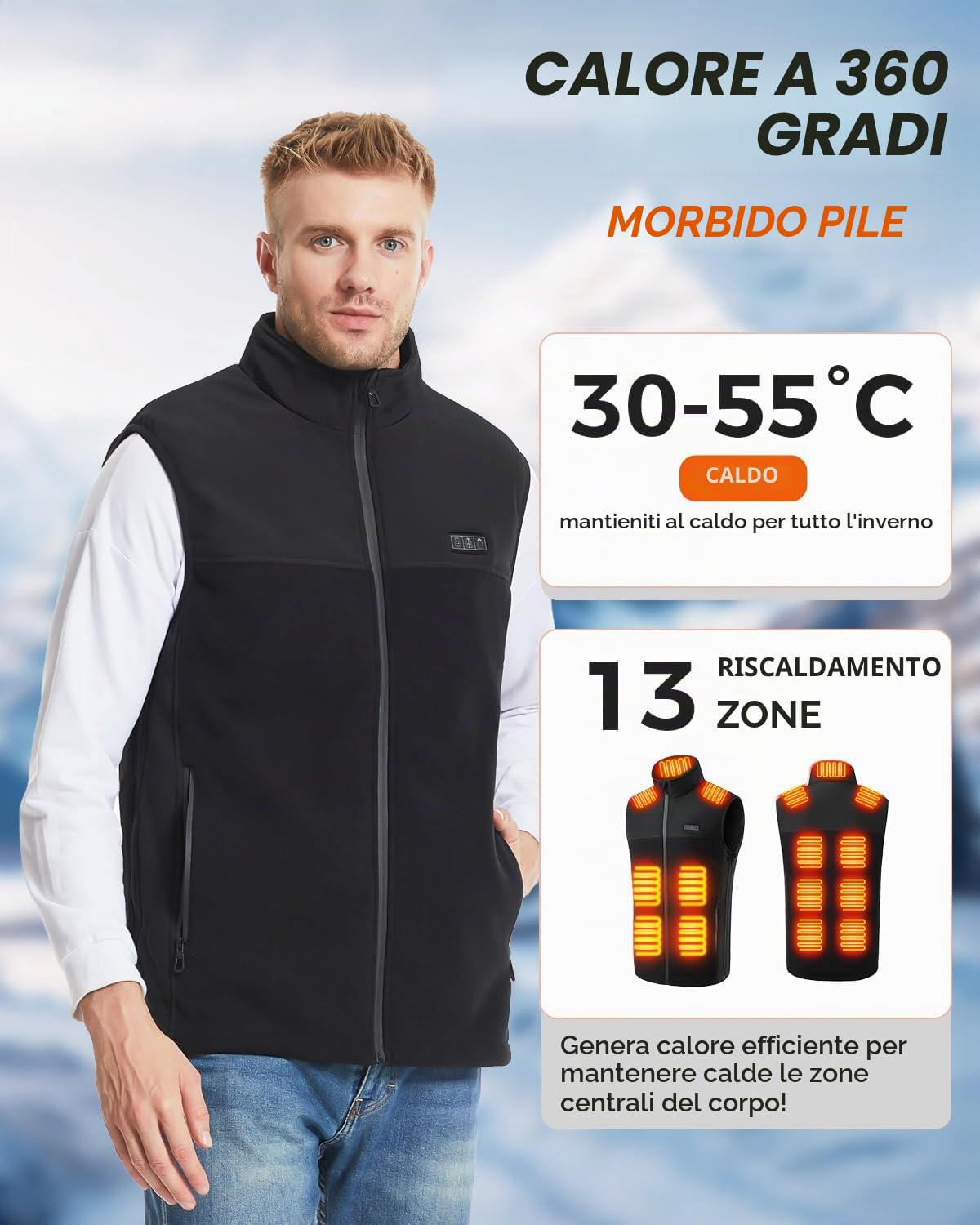 Gilet Riscaldato Uomo Donna,Triplo Comando,Gilet USB Riscaldato con Batteria, Dimensioni Regolabili, 3 Temperature 13 Zone di Riscaldamento Giacca Riscaldata per Escursionismo e Sci