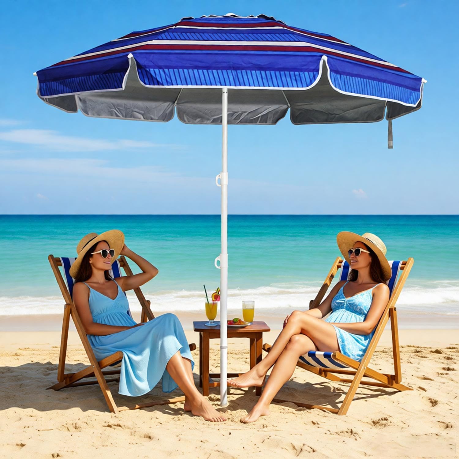 6ft Beach Umbrella - Heavy Duty Wind Resistant UV 50+ Portable Sun Shade with Sand Anchor & Carry Bag, Outdoor Folding Umbrella for Beach, Pool, Patio, Garden (Blue color strip)