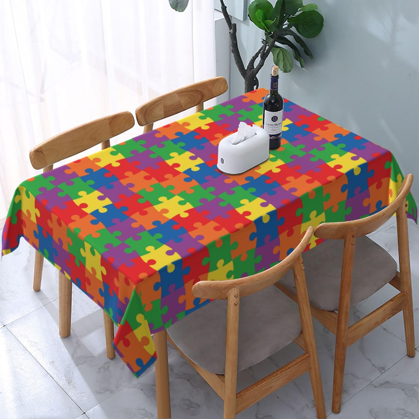 JunHeArt Autism Awareness Month Tablecloth Rectangle Table Cover Washable Table Cloths Decor For Kitchen 54" X 72"