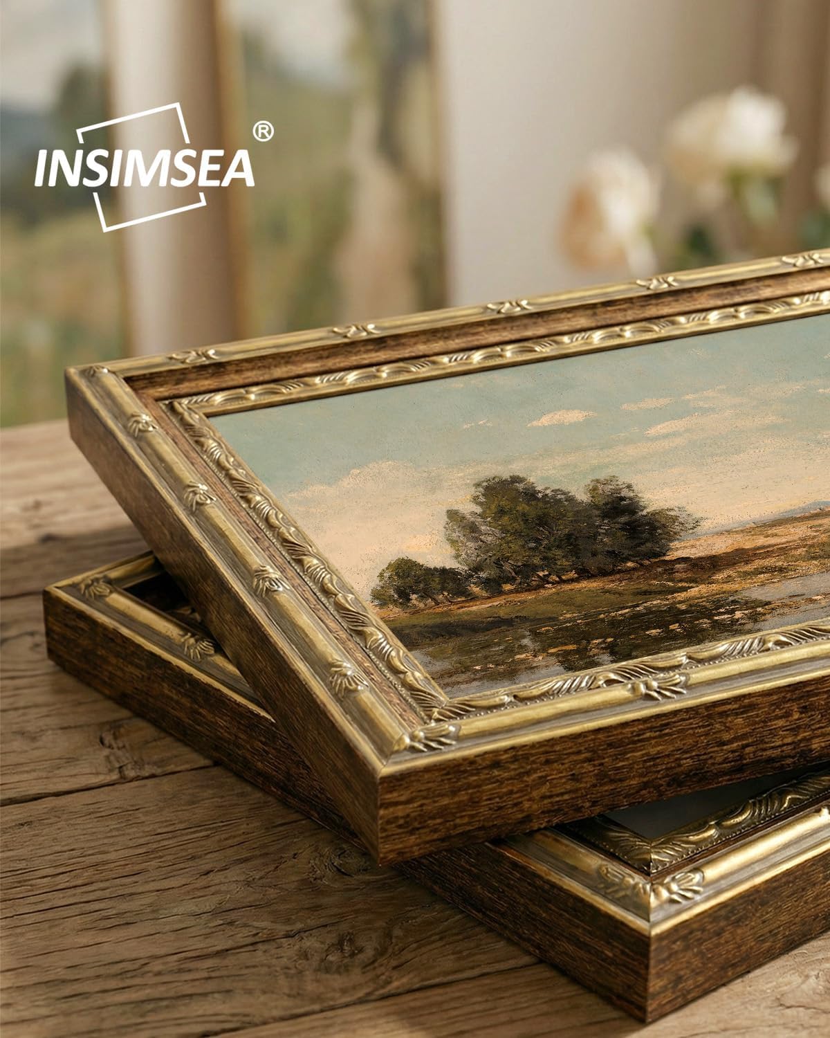 InSimSea 13x16 Vintage Gold Framed Wall Art with Plexi Glass, Golden Riverbank Landscape Canvas Print, Rustic Village Scene Wall Decor for Living Room Bedroom Bathroom Kitchen Office