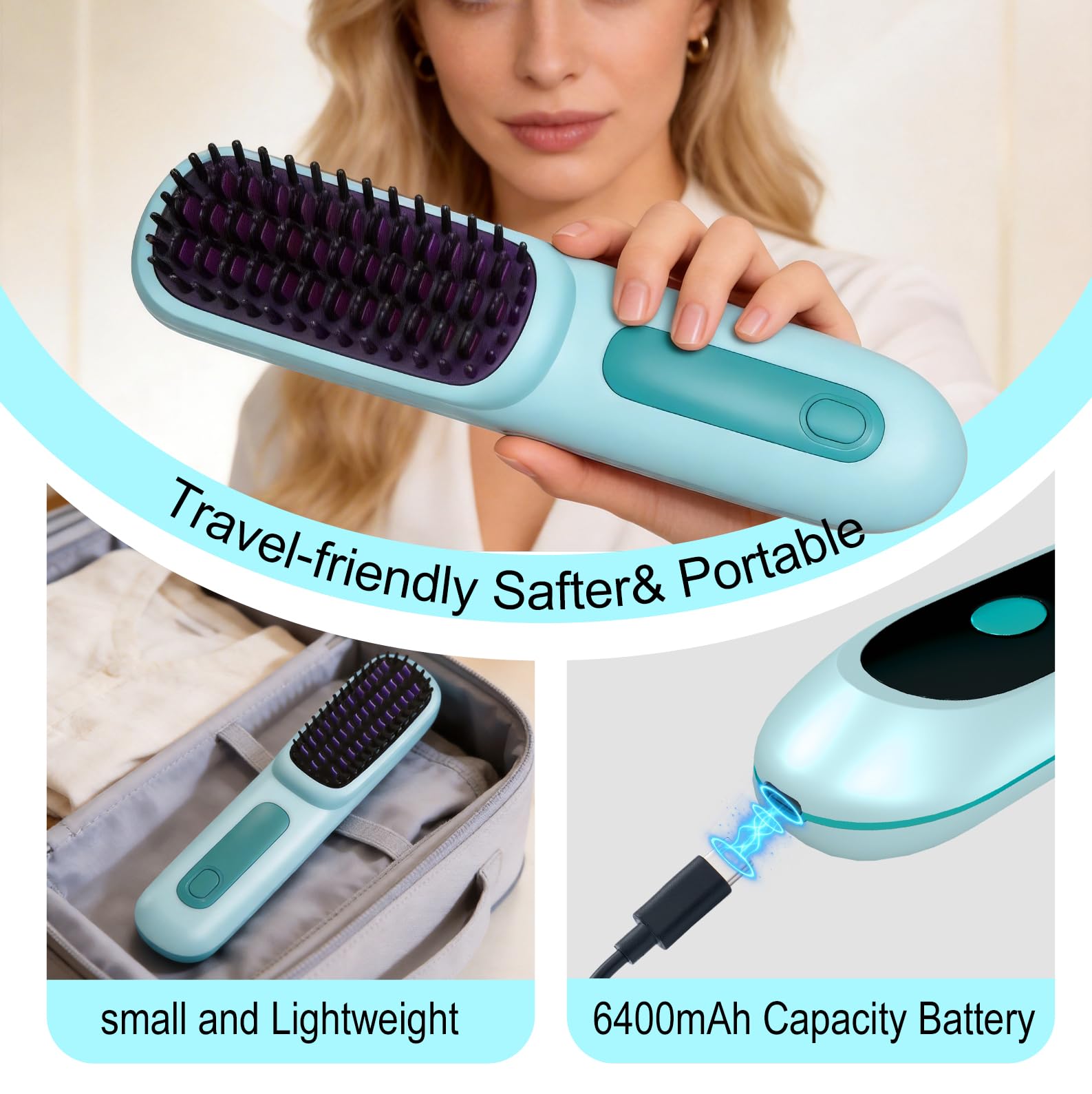 Go Brush Pro 2026, Portable Straightener Brushs for Travel, with LCD Temperature Display, Fast Heating Cordless Mini Hair Brushs (Blue) — view 5