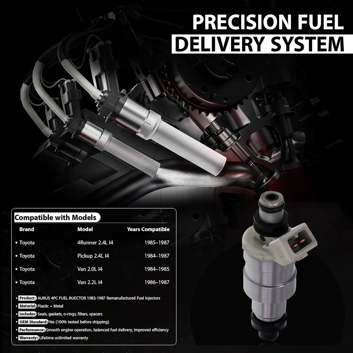OEM AURUS 4pcs Fuel Injectors Compatible with 1983-1987 Toyota 4Runner 2.4L Camry 2.0L Celica 2.0L 2.4L Pickup 2.4L Van 2.0L 2.2L I4 OEM 23250-45011 23209-45011 195500-0474 842-12155 (SET OF 4)
