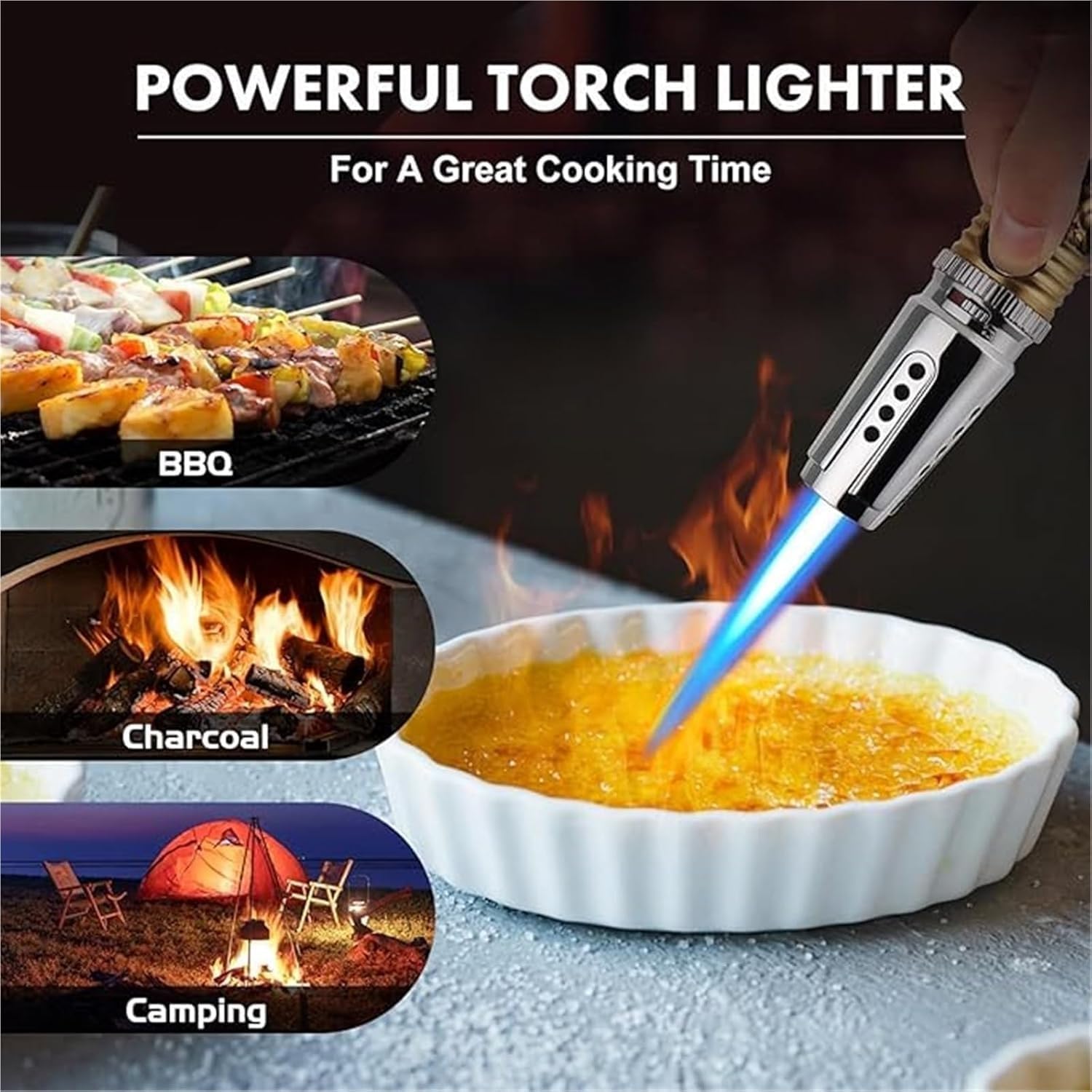 Refillable Large Flame Lighter, Adjustable Jet Flame, Butane Lighter with Safety Lock Fireblaze Electric Lighter, for Kitchen Cooking Creme Brulee, Desserts, Grilling and Baking Candle Camping(2pack S