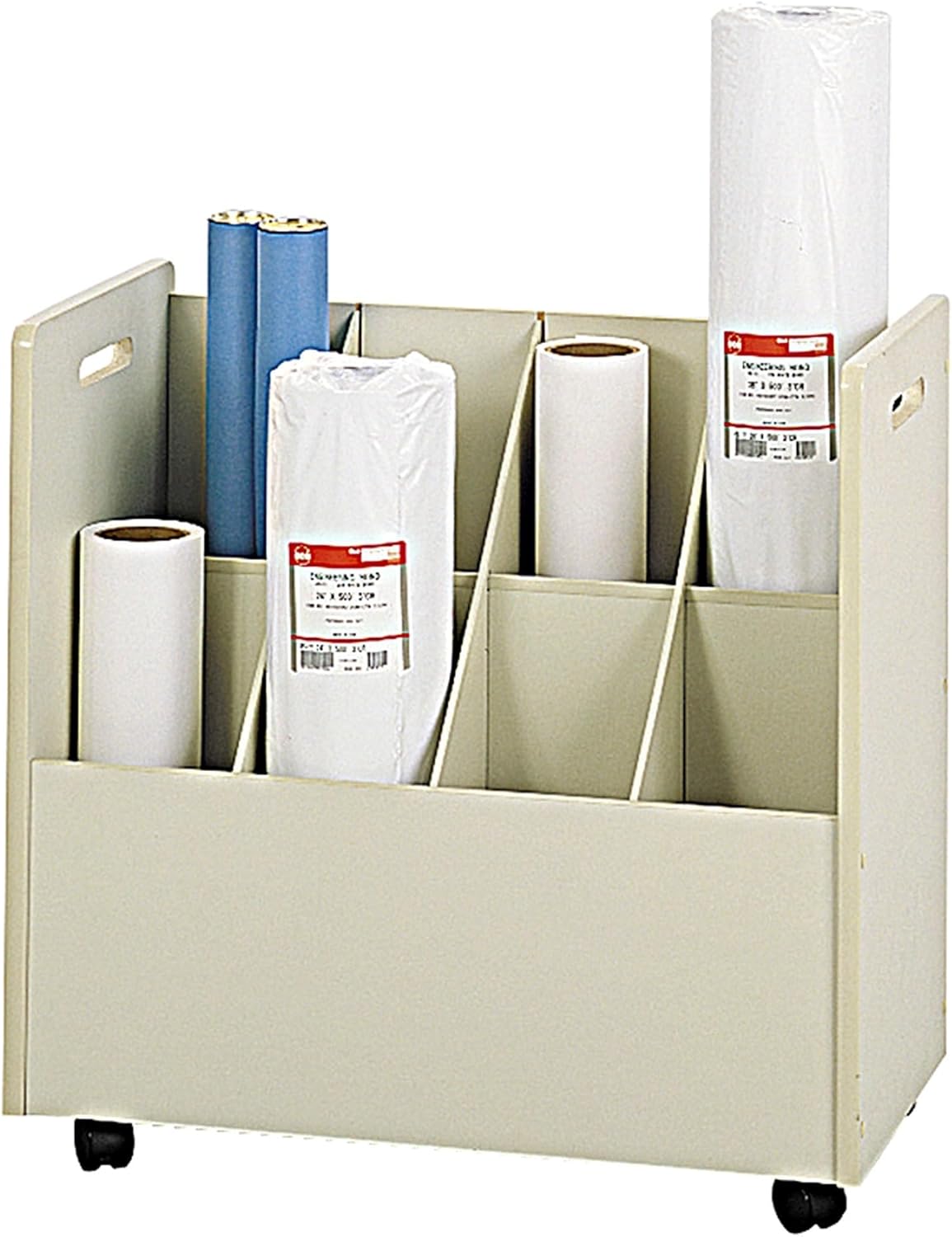 Scranton & Co Wood Mobile Roll File, 8 Compartments, Particle Board with Textured Putty Vinyl Laminate, 2 in Swivel Casters, Grandstand Design, 30 in Wide File Organizer for Office or Workspace