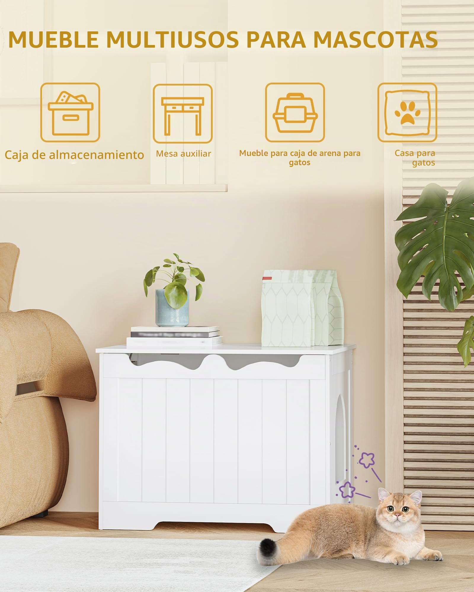 Hzuaneri Mueble Arenero Gatos, Armario para Caja de Arena, Mueble de Caja de Arena Oculta con Apertura Superior, Casa para Gatos de Interior, Banco Almacenaje, 70 x 50 x 53 cm, Blanco CB84803X