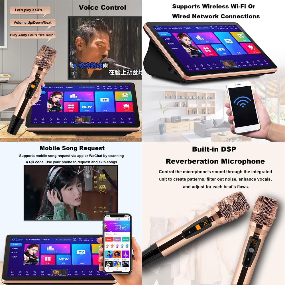 Macchina per Karaoke con Schermo,Display da 15,6",500g/1t/2t/3t/4t/6t,Riproduzione Online su Youtube,Richiesta di Brani Tramite Telefono/App/Voce,Doppio-Sistema,Libreria di 1100k Brani 1T