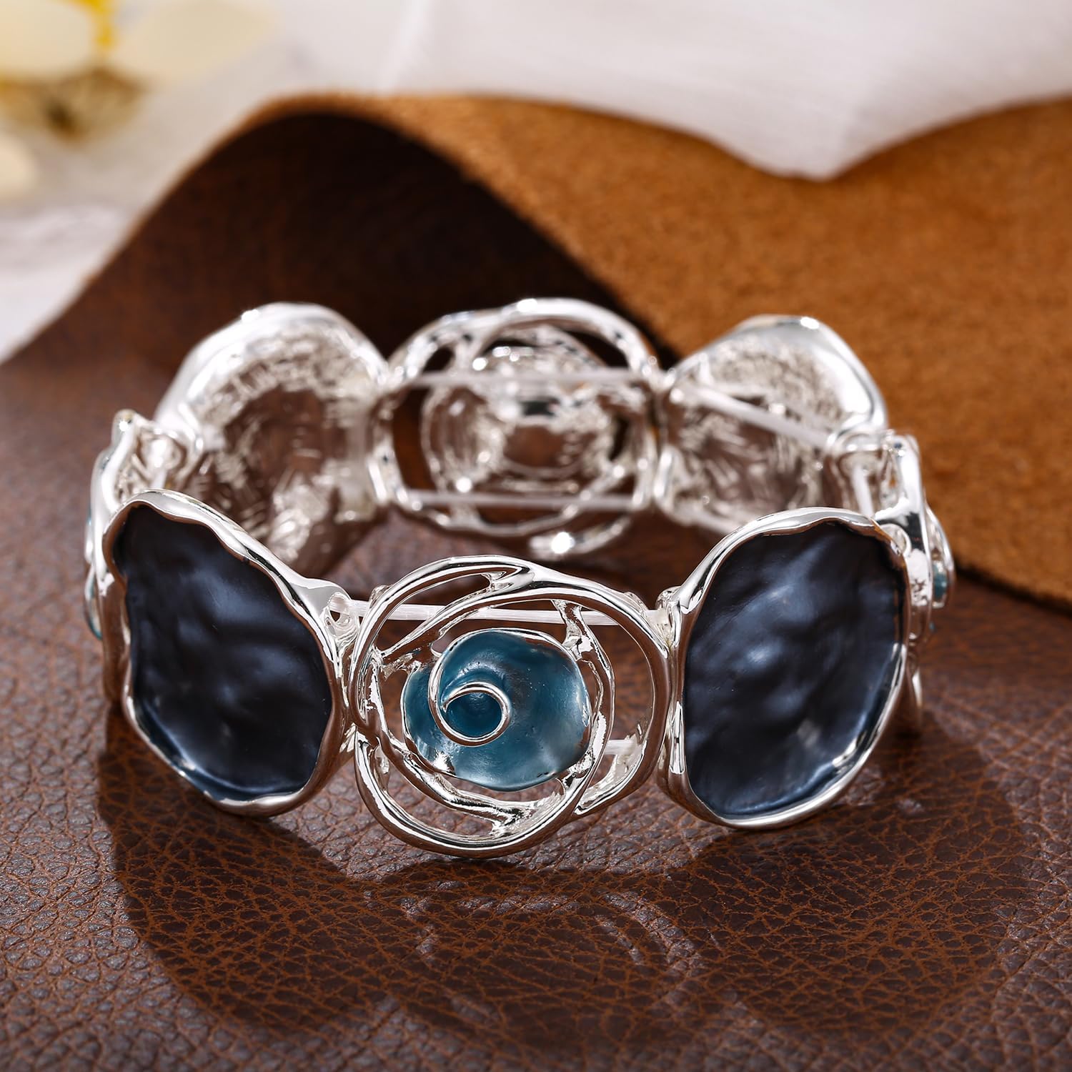 LUREME Rose Flower Bracelet for Women - Colorful Gold Enamel Stretch Bracelet, Adjustable Elastic Metal Bangle, Boho Chic Jewelry (bl003604) - Image 5