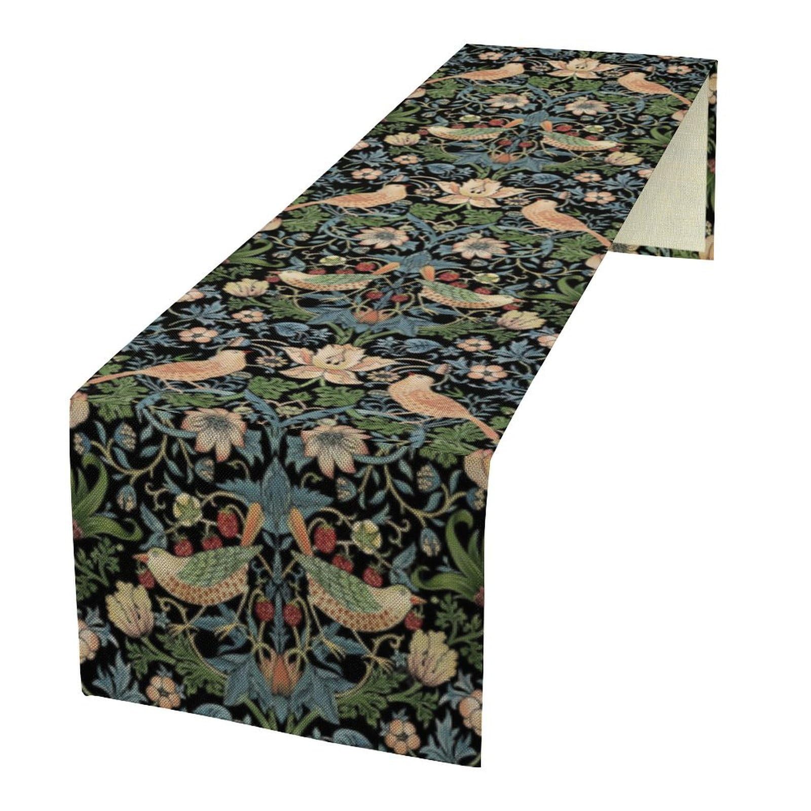 Yearn Jear William Morris-14 William Morris Floral Table Runner, Strawberry Thief Birds In Green And Blue Table Runner For Home Kitchen Dining Table Decoration,13X36 Inch