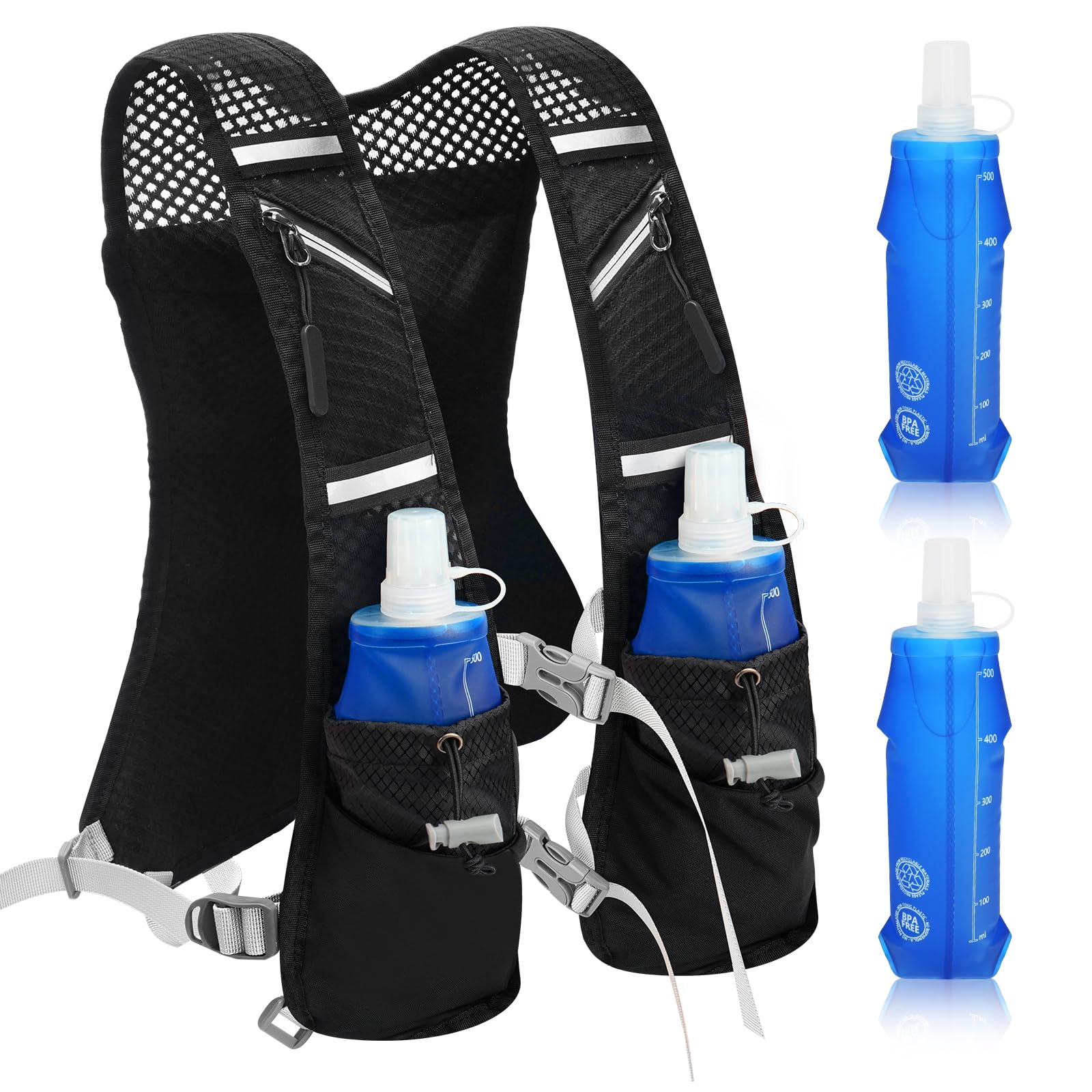 Running Vest, Lightweight Reflective Running Hydration Vest With 2x 500ml Water Bottle, Adjustable Running Backpack for Men & Women, Reflective Vest with Phone Holder and Storage, Ideal for Marathon