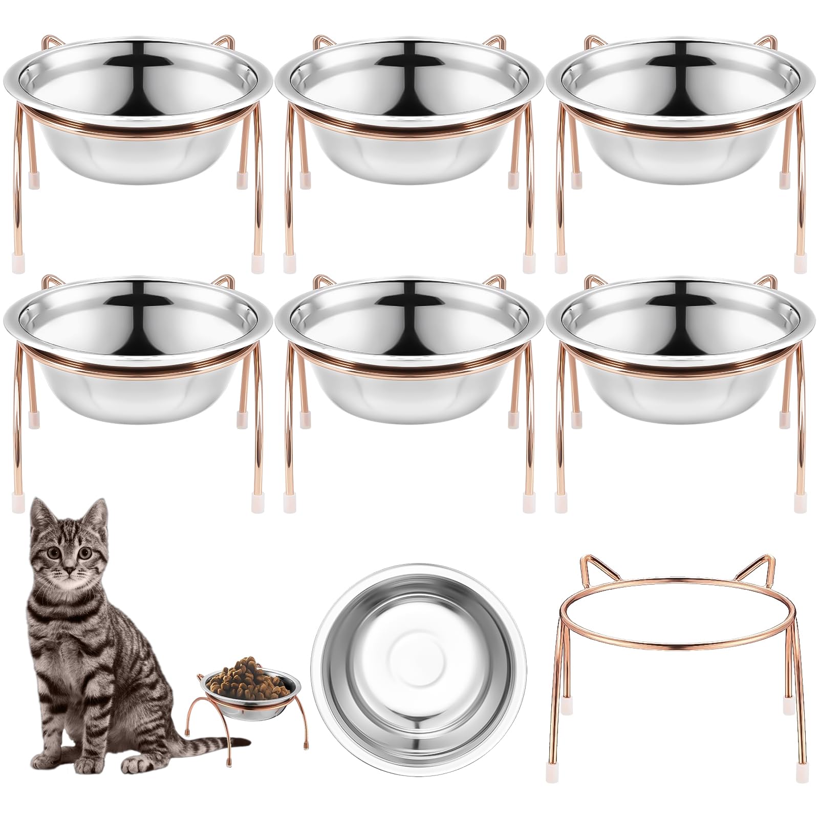 6 Pcs Stainless Steel Raised Cat Bowls, Elevated Cat Food Bowls with Anti-Slip Metal Stand, Shallow Pet Feeding Dish Set for Kittens, Puppies and Small Dogs (340ml)