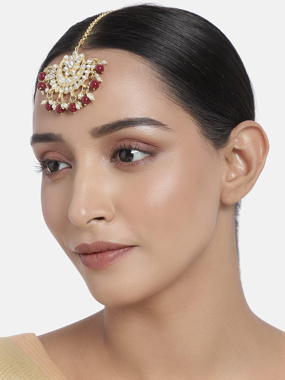I Jewels Gold Plated Ethnic Matte Finish Traditional Kundan Studded Maang Tikka with Pearls for Women