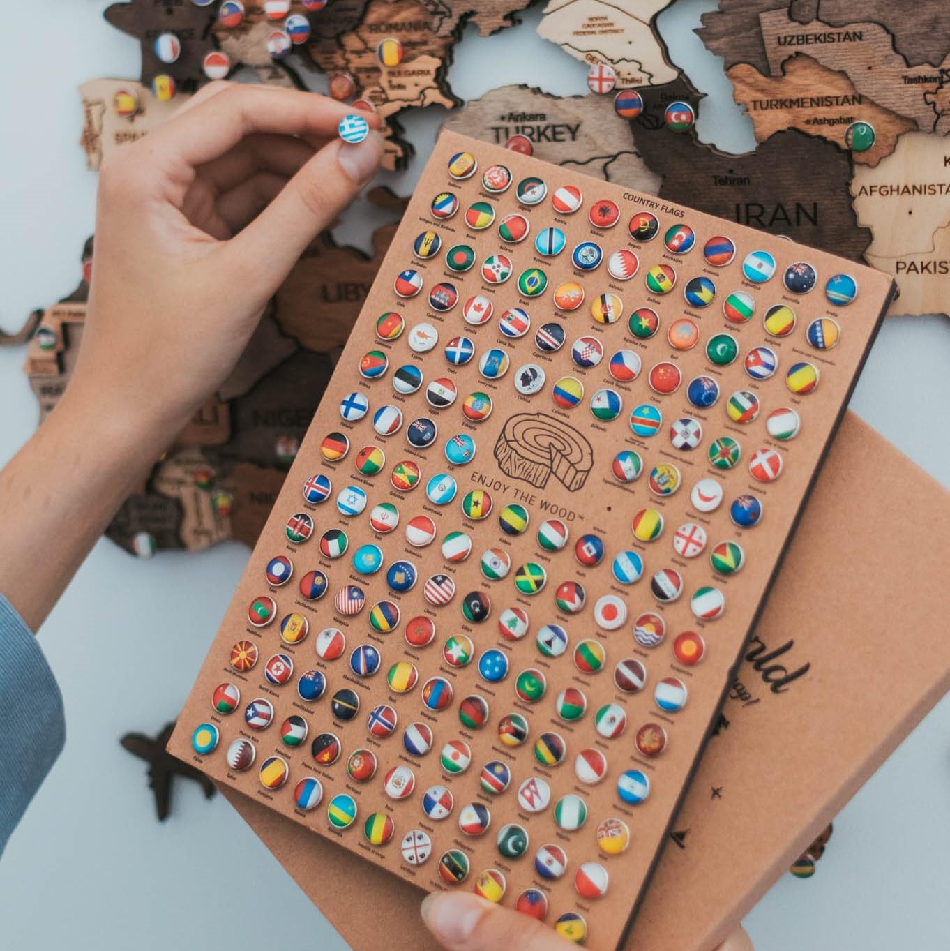 ENJOY THE WOOD 3D Wood World Map Wall Art Large Wood Wall Décor Housewarming Gift Idea Wood Wall Art World Travel Map For Home & Kitchen or Office (Flags (Push Pins), Pins)