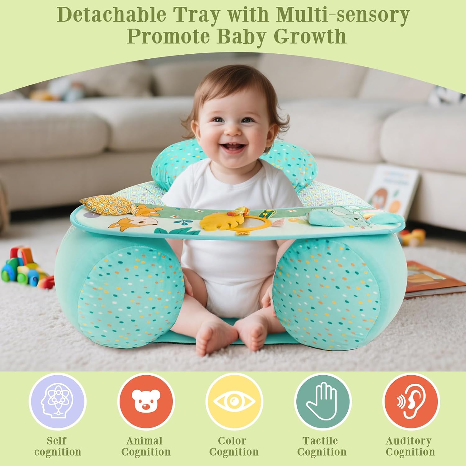 Upgraded Blublu Park Wider U-Shape Inflatable Sit Me Up Floor Seat for Baby 3-36 Months, Travel Portable Baby Chair with Activity Sensory Tray for Sitting Up, Indoor and Outdoor, Elephant