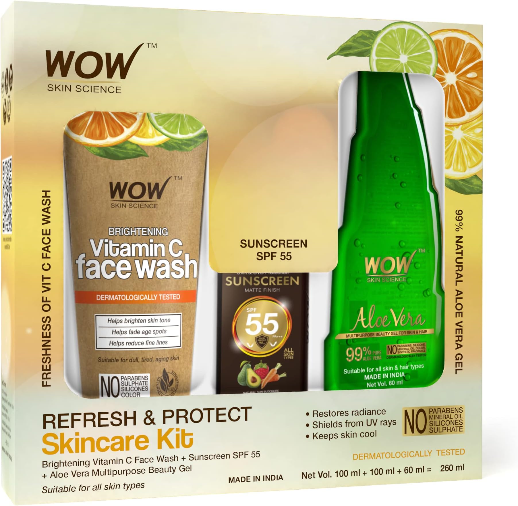 WOW Skin Science Summer Skin Care Face Kit - consists of 99% Pure Aloe Vera Gel, Sunscreen Lotion SPF-55 PA+++ & Vitamin C Face Wash Paper Tube - Net Vol. 260ml