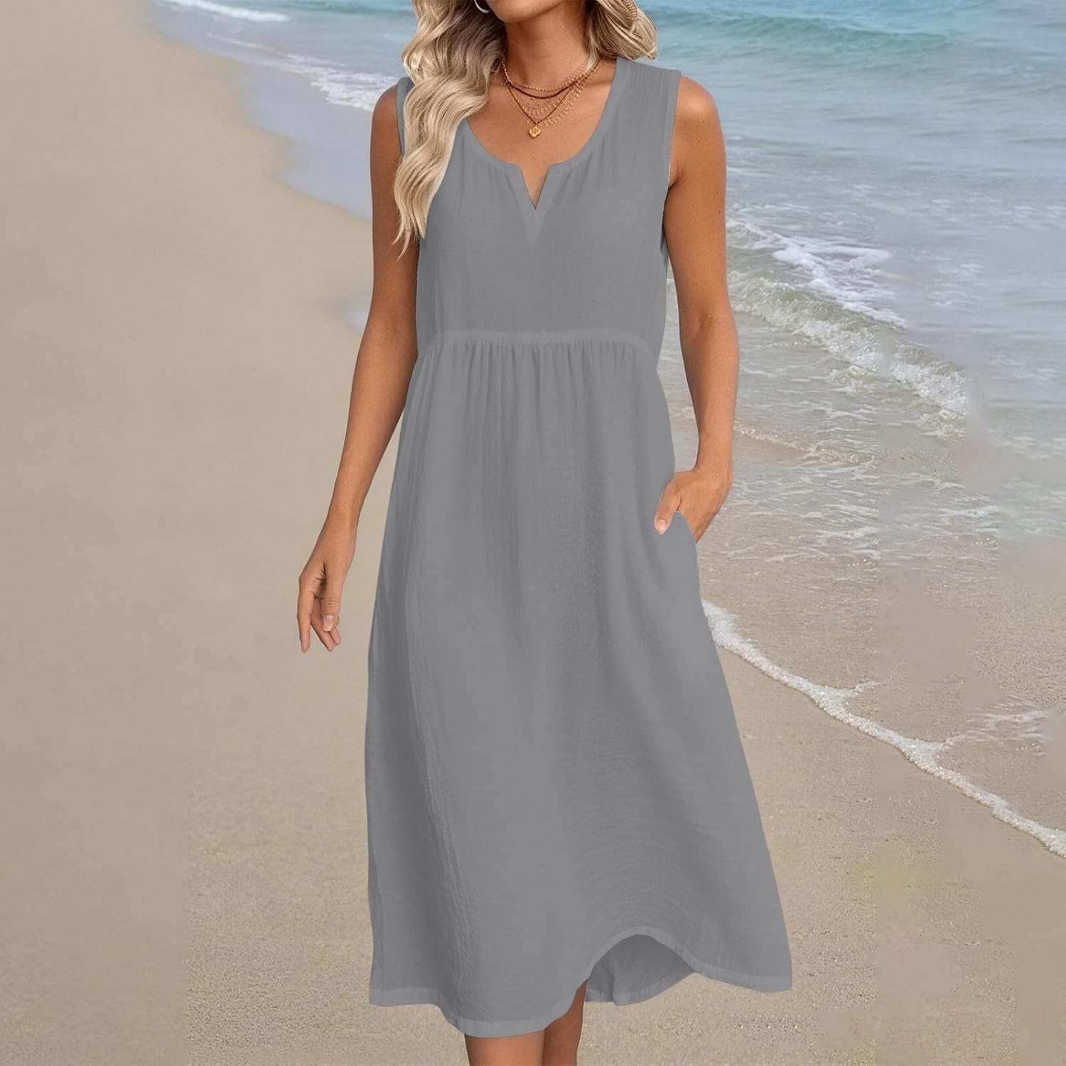 Summer Dress for Women Cotton Linen Sleeveless Boho Flowy House Dresses Beach Vacation Sun Dress with Pockets