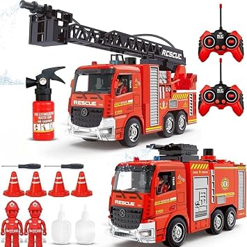 Remote Control Fire Truck, RC Fire Truck Toy Set, 2 Firetruck with Fire Extinguisher, 2 Dolls, 4 Traffic Cones, Lights, Sounds, Extendable Rescue Ladder, Firetruck Toy for Boys Kids