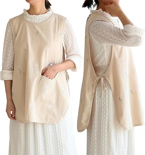 Delantal de algodón con bolsillo para padres e hijos, flor bordada, lazo lateral, suave y ligero, jardín de arte de cocina