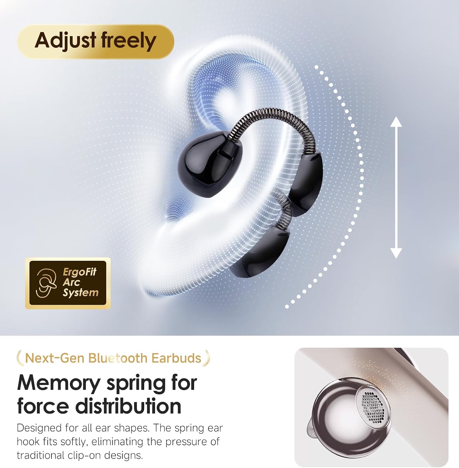 Kinglucky Clip-On Earbuds with Memory Spring,Comfortable Open-Ear Wireless Bluetooth 6.0 Headphones with Mic,for Small Ears & Glasses Wearers,45H Playtime,ENC,IPX5 Waterproof Sport Earbuds (Black)