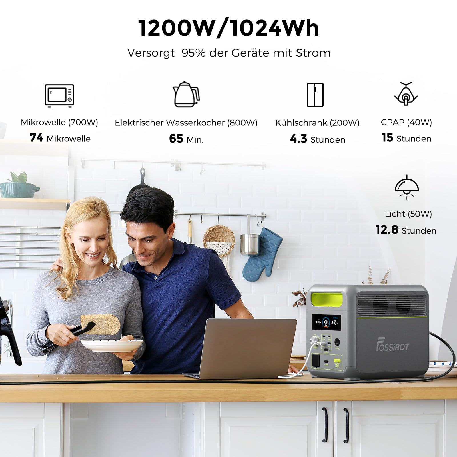 FOSSiBOT Tragbare Powerstation F1200, 1024Wh LiFePO4 Solargenerator mit 2 1200W AC (Spitze 2400W), 100W Typ-C, 0-100% Akku in 45 Min Power Station, für Camping, Wohnmobil, RV, Reisen
