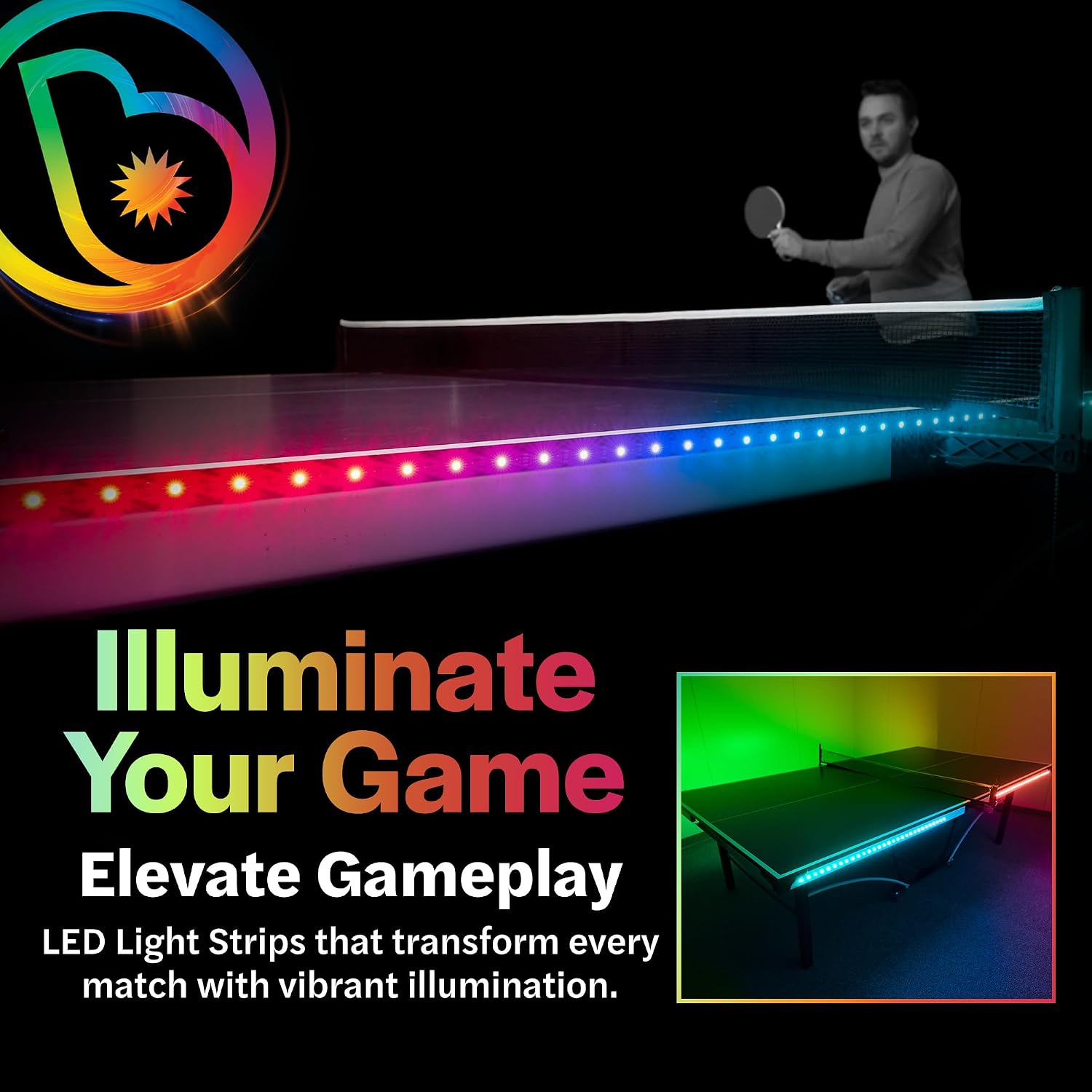Brightz LED Ping Pong Table Light - Electrify Your Gameplay Experience! 12-Foot Light Strip for Ping Pong Tables - Color Changing or Solid Color Modes (Table Not Included)