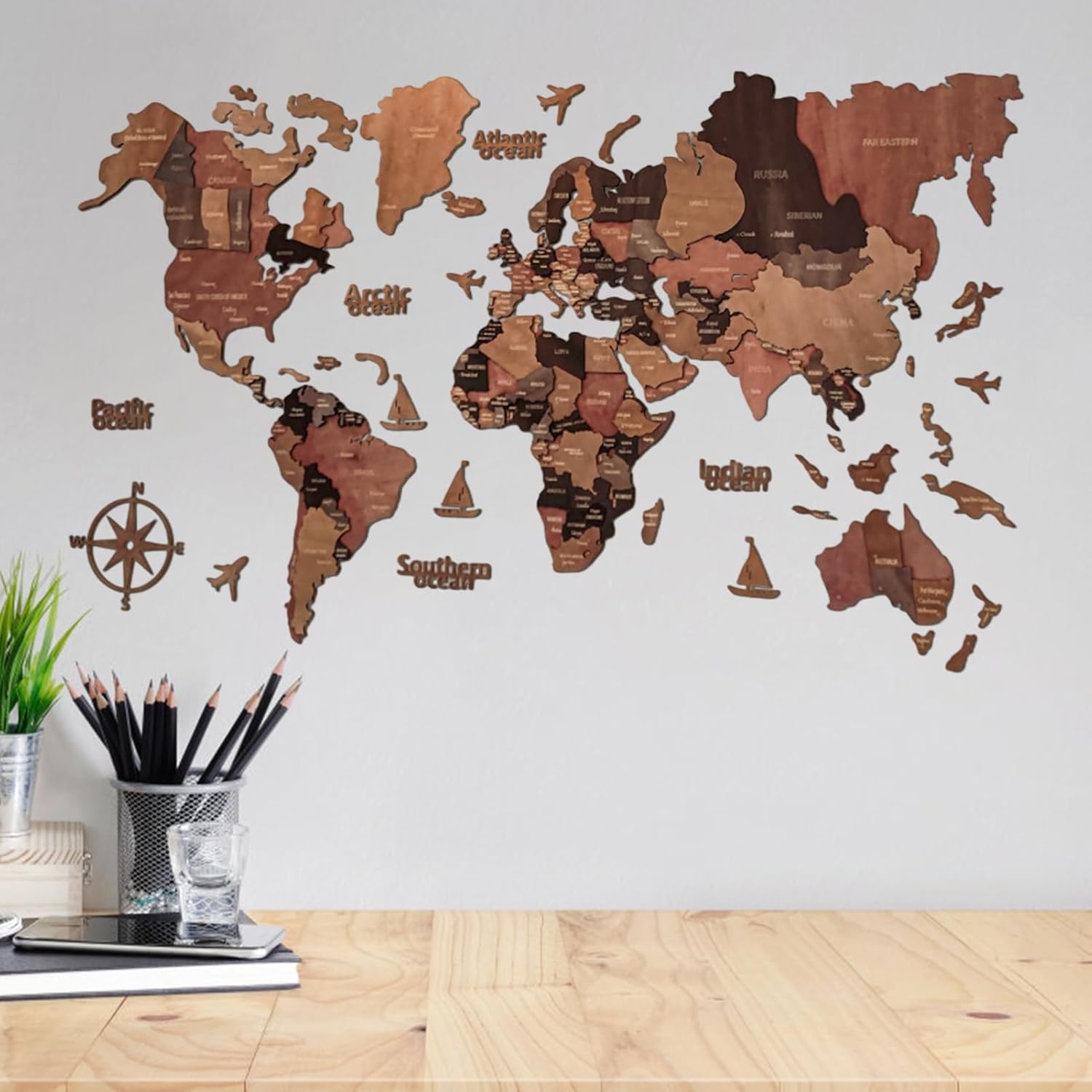 3D 世界地図ウォールアート &ndash; 州の首都をフィーチャーした旅行地図、ユニークな装飾アクセント、クリエイティブな家庭用教育ディスプレ