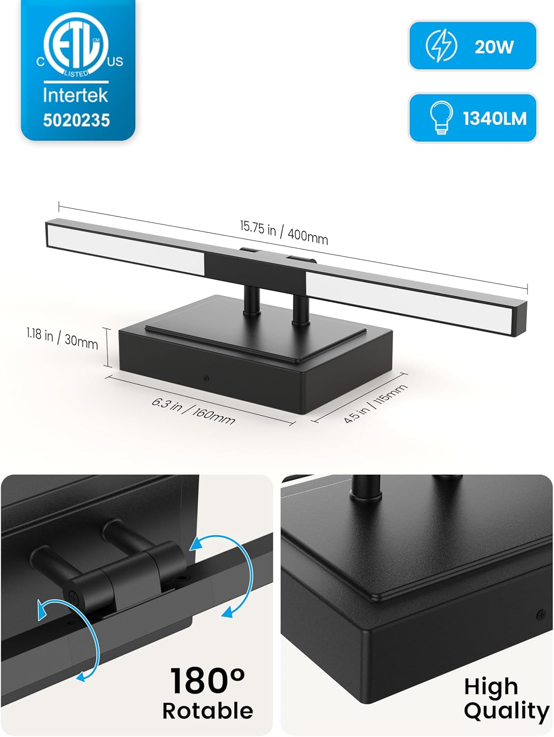NIORSUN 15.7 Inch Modern Bathroom Light Fixture, 20W 5CCT Dimmable LED Black Bathroom Vanity Lights Over Mirror, Vanity Lights for Bathrooms Restroom Mirror- ETL Certified