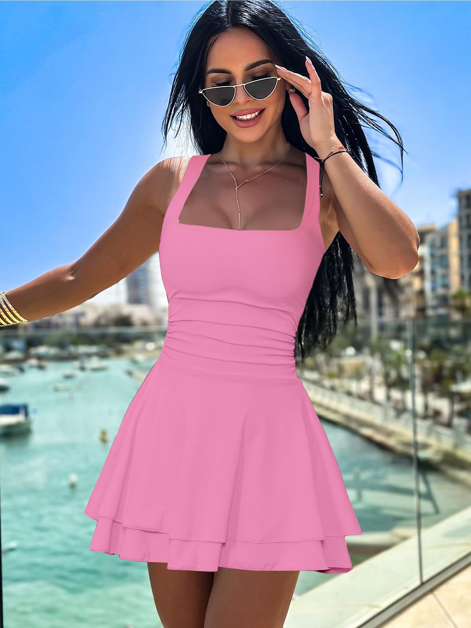 Kaximil Women's Square Neck Ruffle Hem Mini Dress Ruched Waist Short Party Dresses