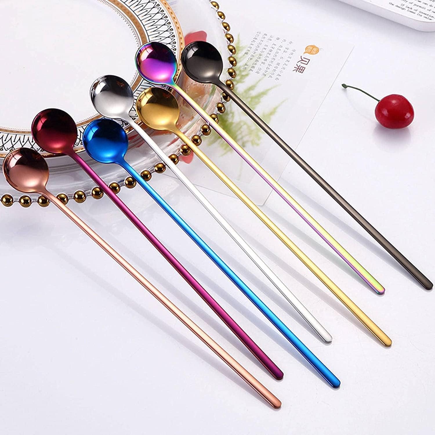 Teaspoon Spoon Soup Long Handle Spoons Rainbow Color Coffee Tea Ice Cream Dessert Spoons Stir Spoon Stainless Steel Tableware Kitchen Supplies Coffee Spoon Dessert Spoon Spoon(Rosegold)