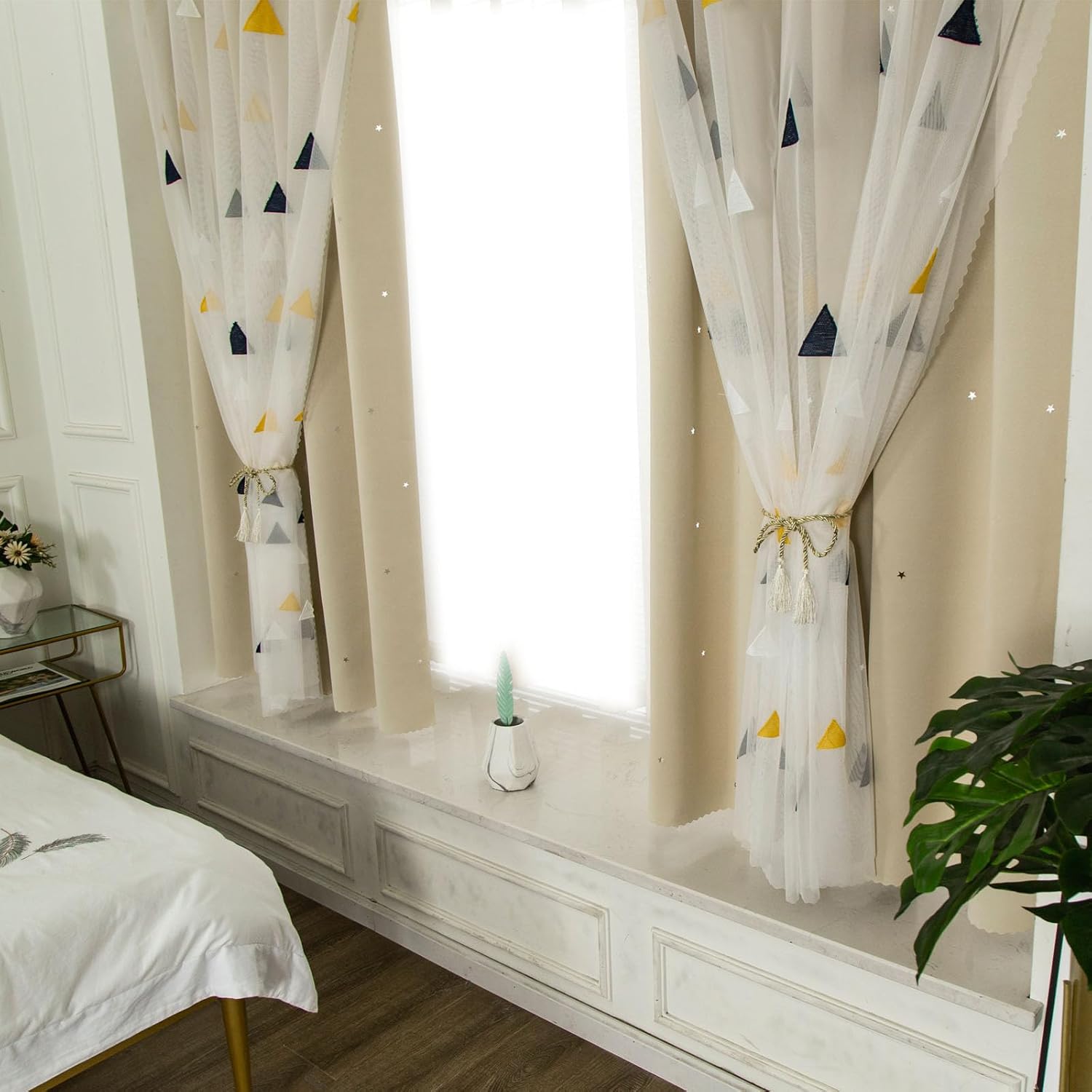 Beige Triangle Pattern Blackout Insulated Star Hollow Out Living Room Bedroom Study Dining Curtains for Girls Bedroom Kids Room Decor (47" W x 66.9" L)