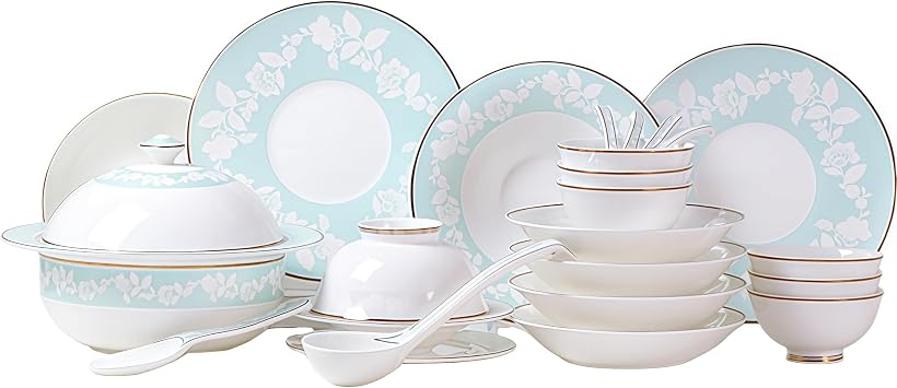 Fine Bone China Dinnerware Set,Porcelain&Ceramic Dinnerware Sets,Bone Stoneware&Ceramic Cookware Tableware Set Includes Dinner Plates|Spoons|Pasta Bowls|Soup Pot|Chopsticks 38PCS * 6-Person Set