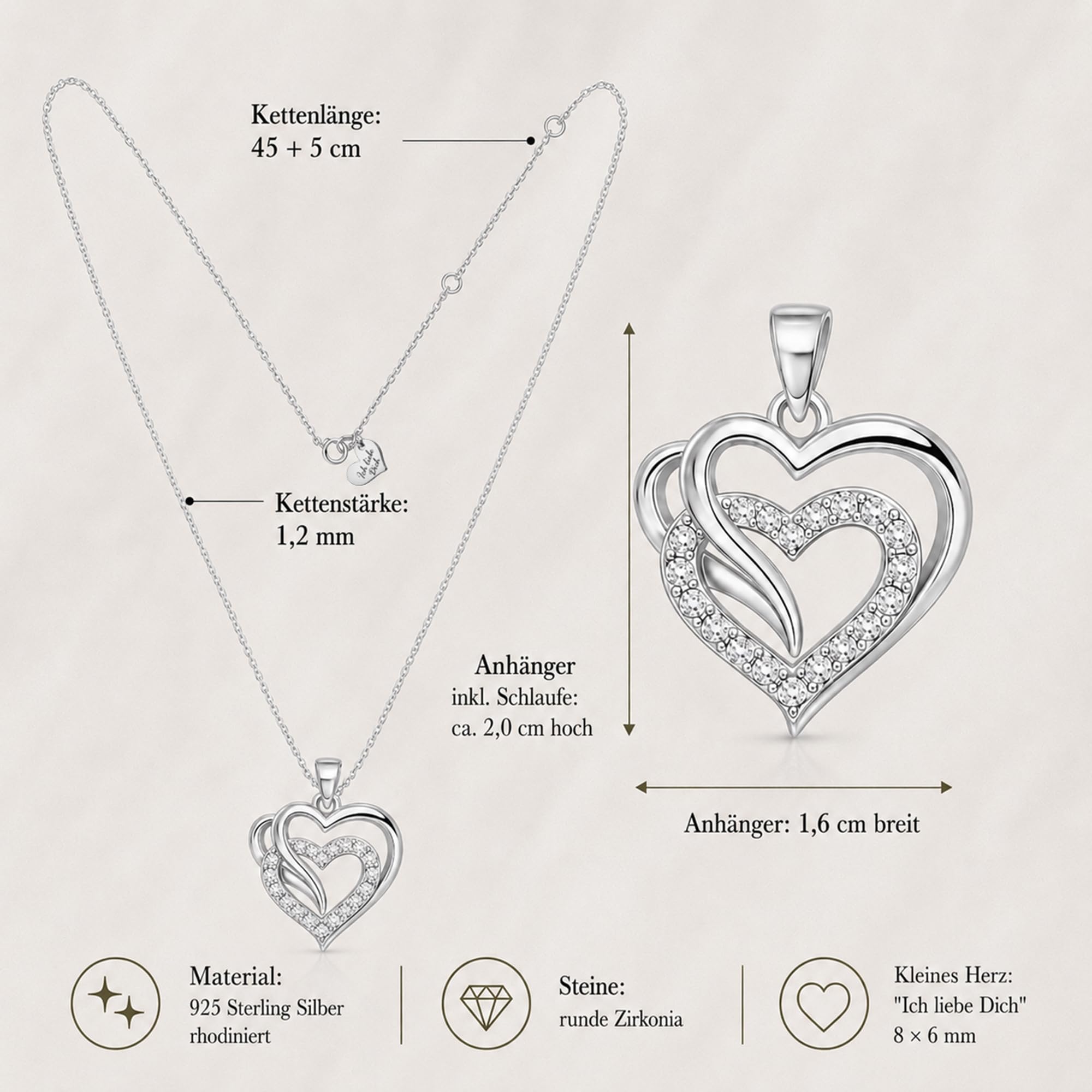 Herzkette Damen 925 Sterling Silber, Halskette mit Herz Anhänger und Zirkonia, Kette Geschenk für Frauen Freundin, Zusatzherz Ich liebe Dich, inkl. Schmuckdose und Geschenktasche
