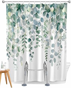 Split Shower Curtain for Transfer Bench, Green Eucalyptus Waterproof Fabric Shower Curtain, Botanical Leaves Summer Pastoral Tub Sliding Transfer Bench Shower Curtains for Bathroom 72 x 72