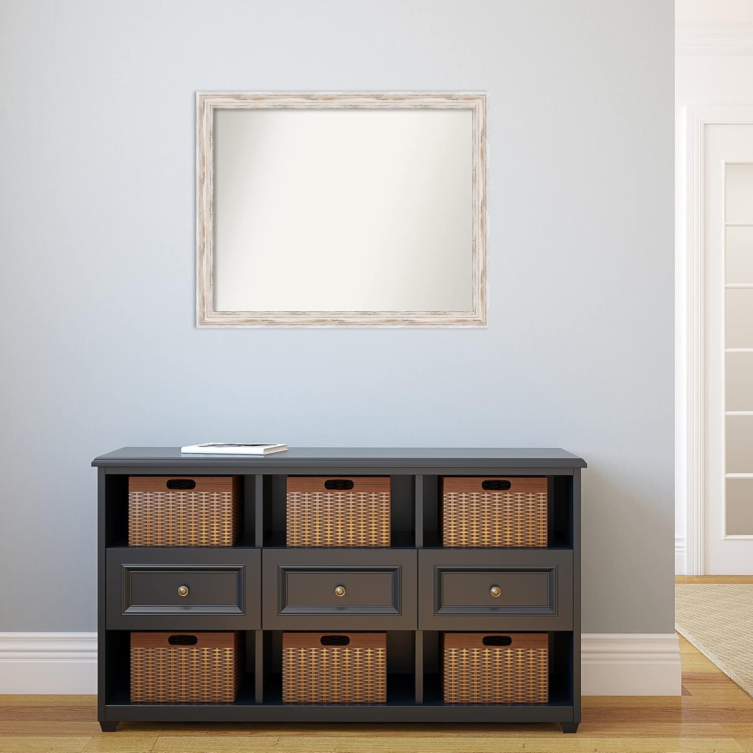 Amanti Art White Wall Mirror 25x31 Alexandria White Wash Narrow Rectangle Bathroom Mirror for Wall Decor Living Room, Large Cottage Wood Frame, Hangs Horizonally and Vertically, Bathroom Decor,